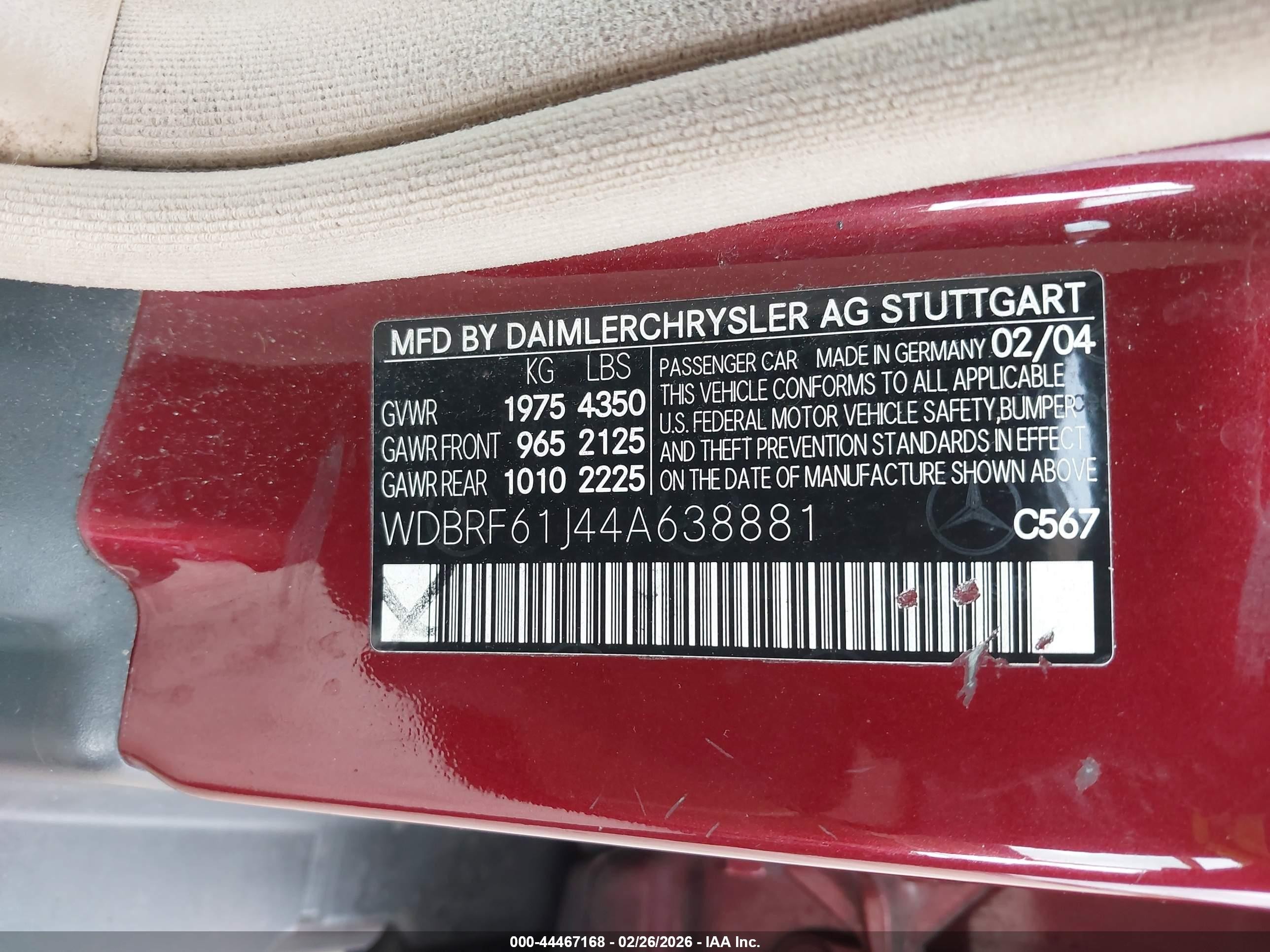 2004 Mercedes-benz C 240   Red vin: WDBRF61J44A638881