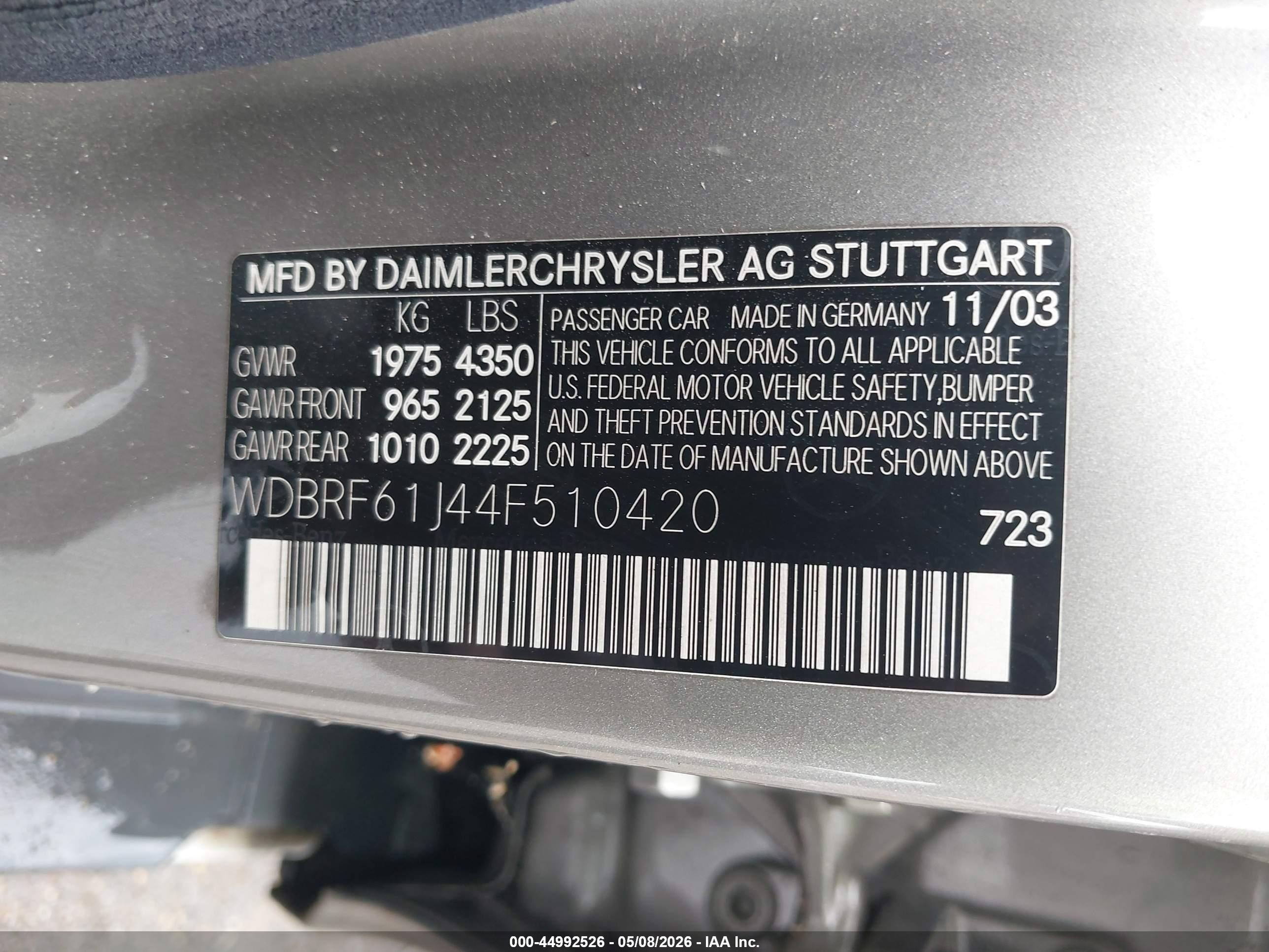 2004 Mercedes-benz C 240   Silver vin: WDBRF61J44F510420