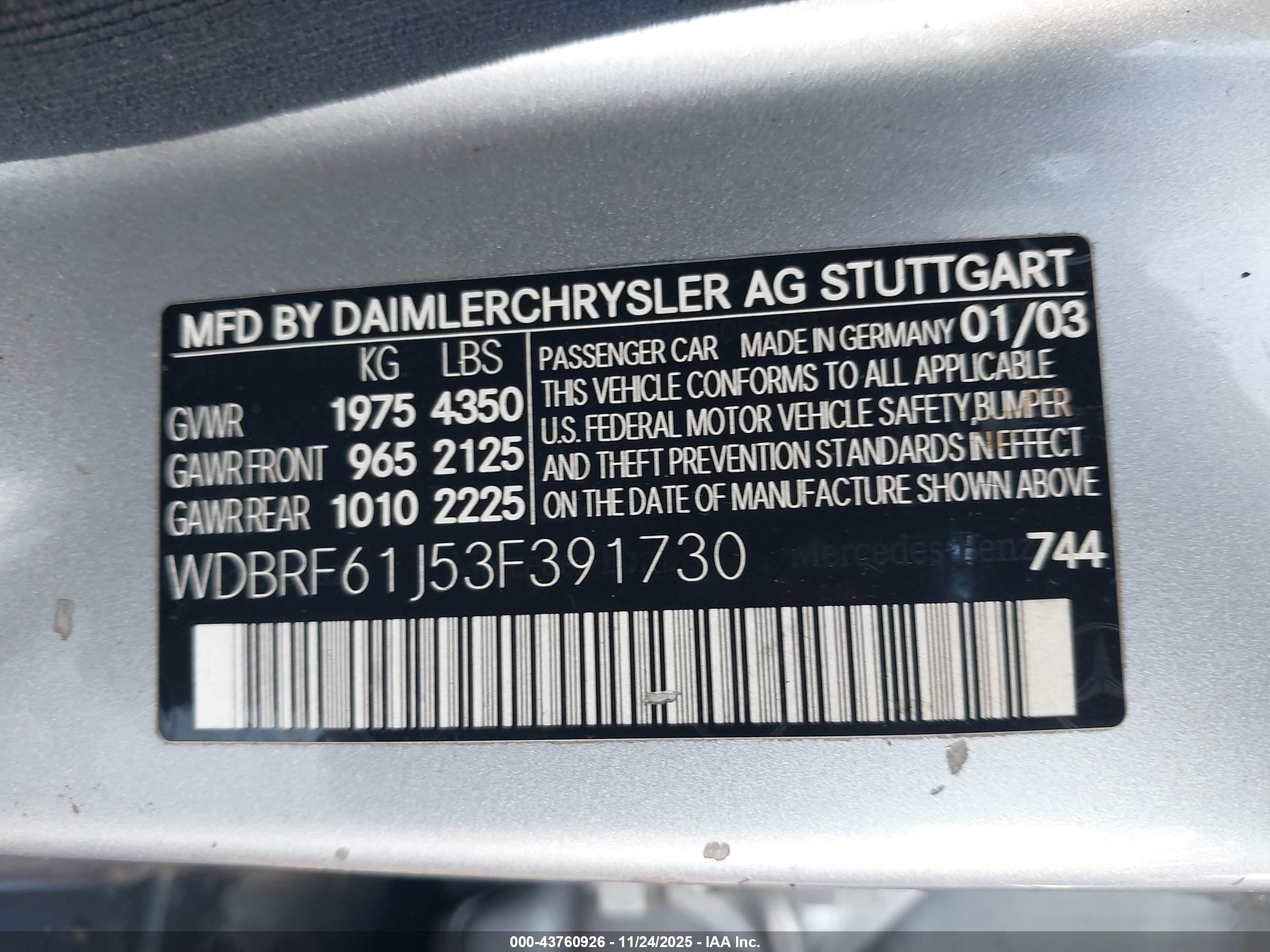 2003 Mercedes-benz C 240   Silver vin: WDBRF61J53F391730