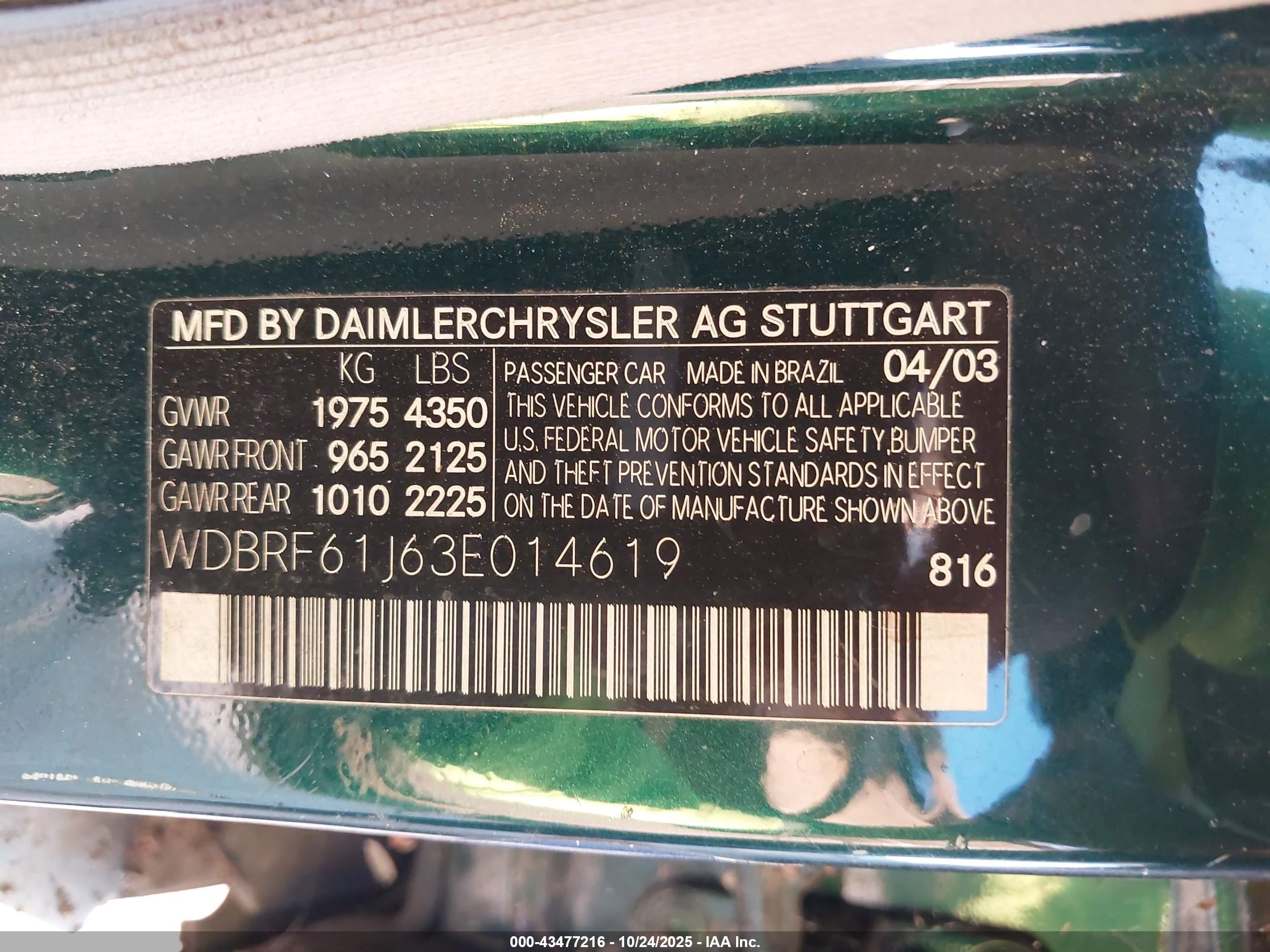 2003 Mercedes-benz C 240   Green vin: WDBRF61J63E014619