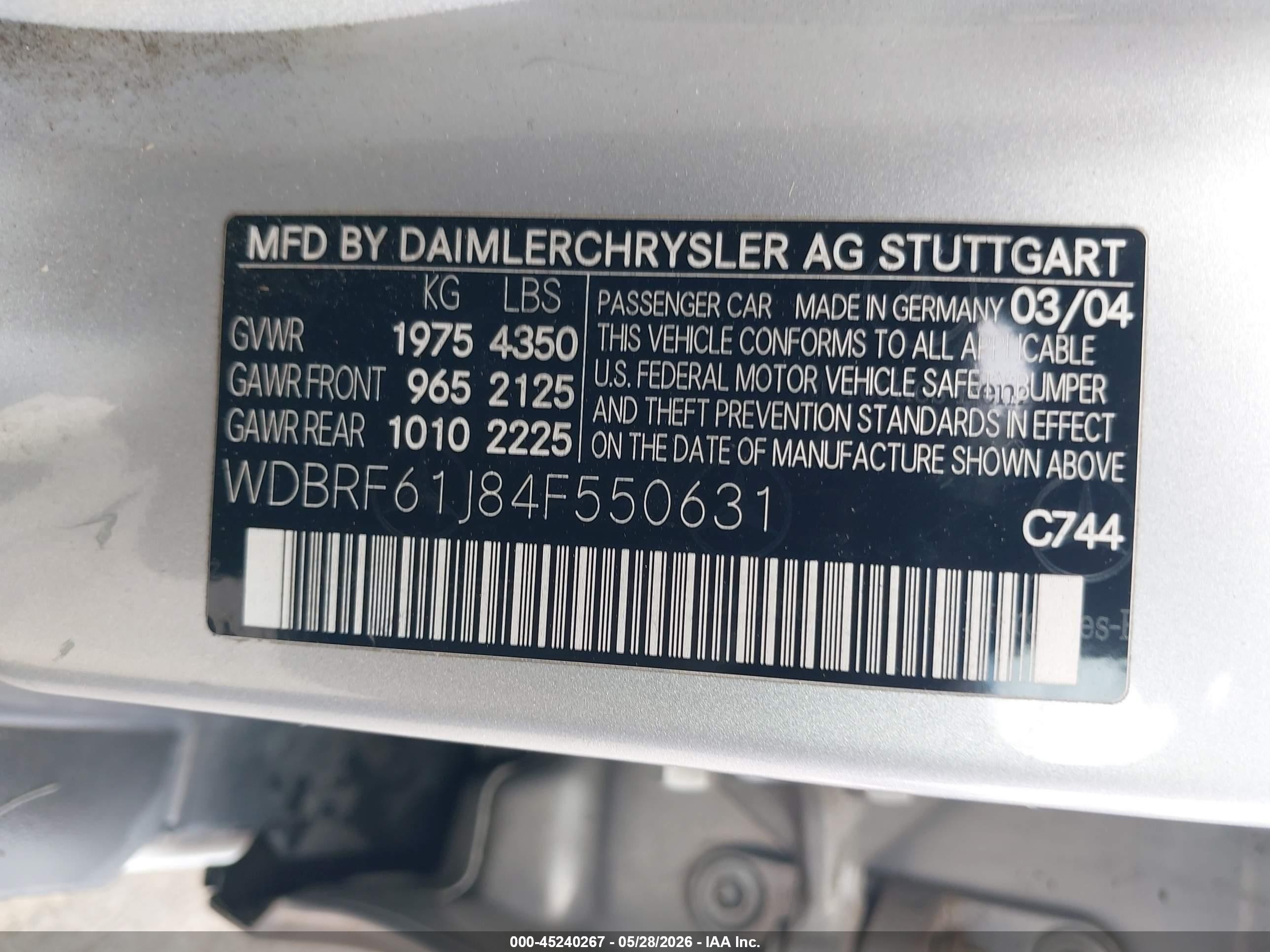 2004 Mercedes-benz C 240   Серебряный vin: WDBRF61J84F550631