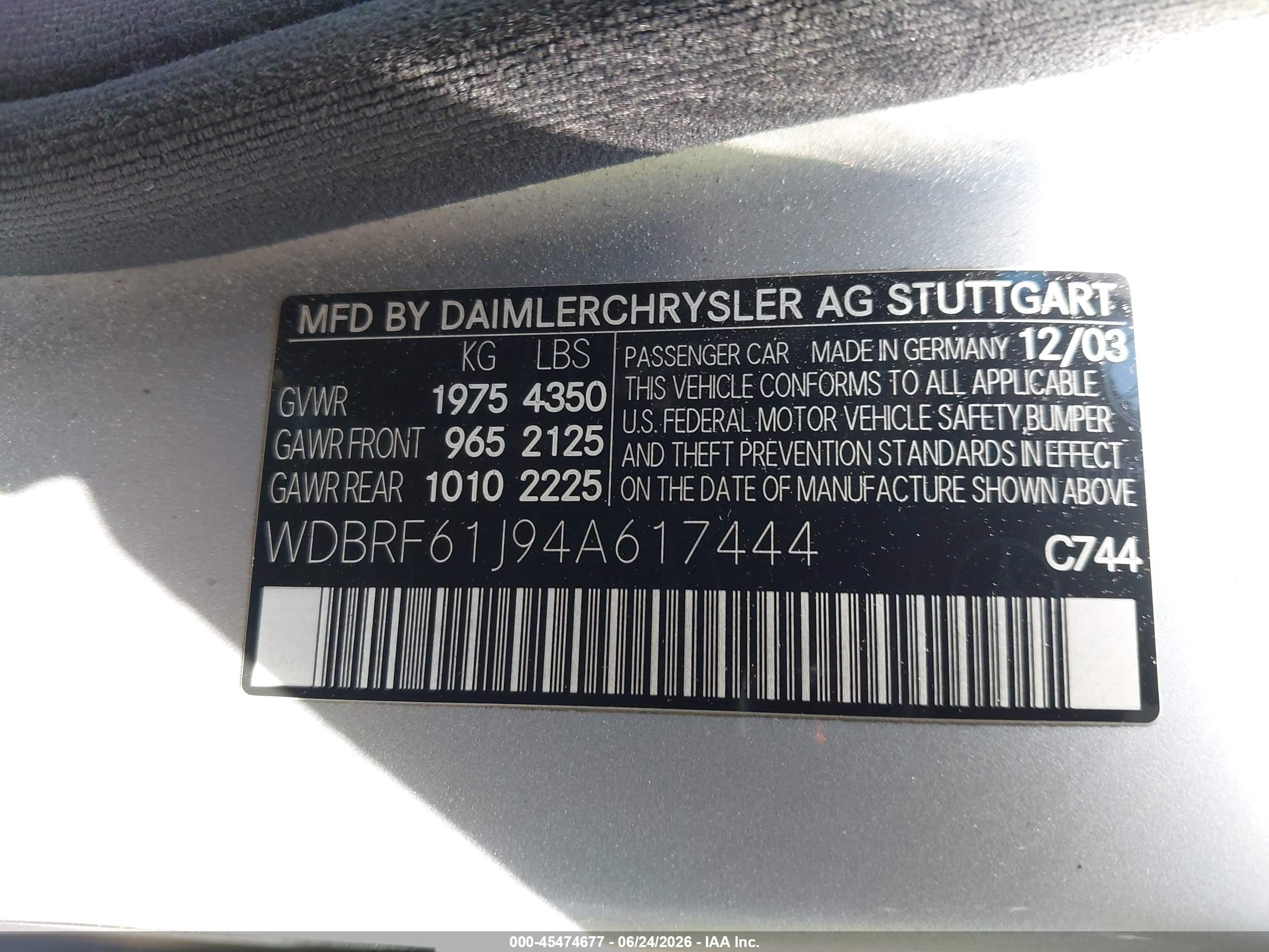 2004 Mercedes-benz C 240   Серебряный vin: WDBRF61J94A617444