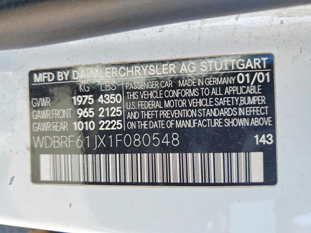 2001 Mercedes-benz C 240 White vin: WDBRF61JX1F080548
