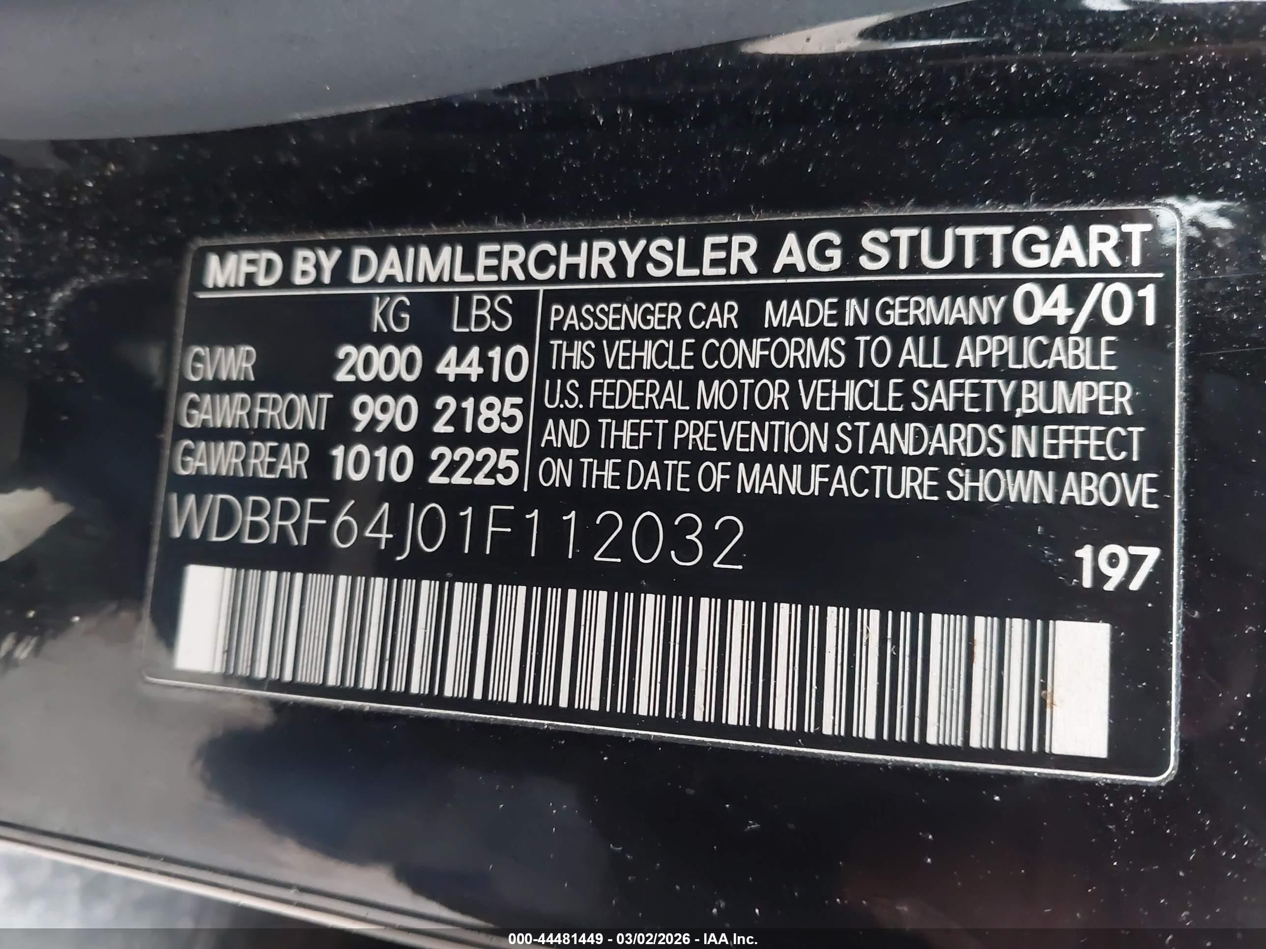 2001 Mercedes-benz C 320   Black vin: WDBRF64J01F112032