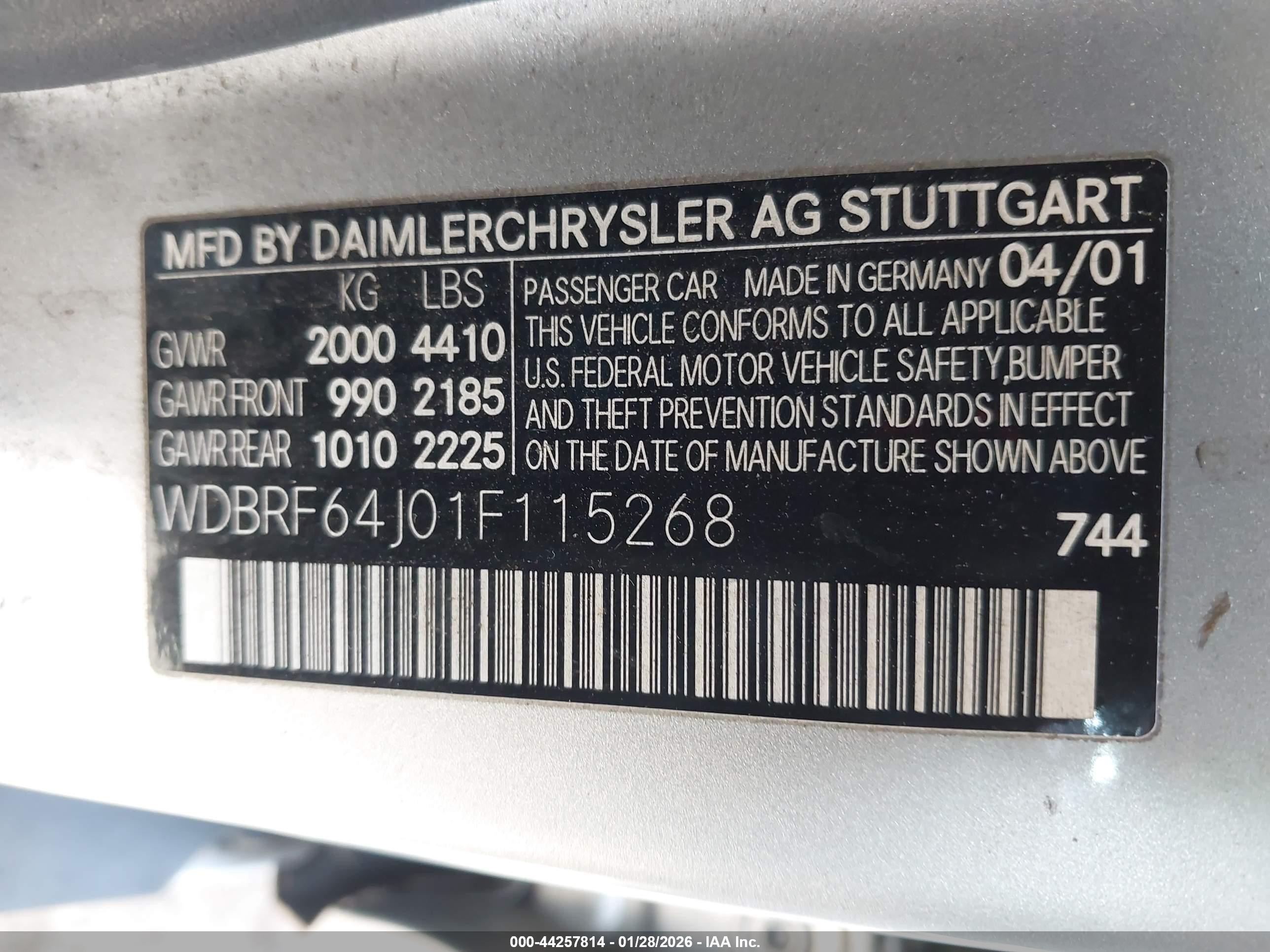 2001 Mercedes-benz C 320   Silver vin: WDBRF64J01F115268