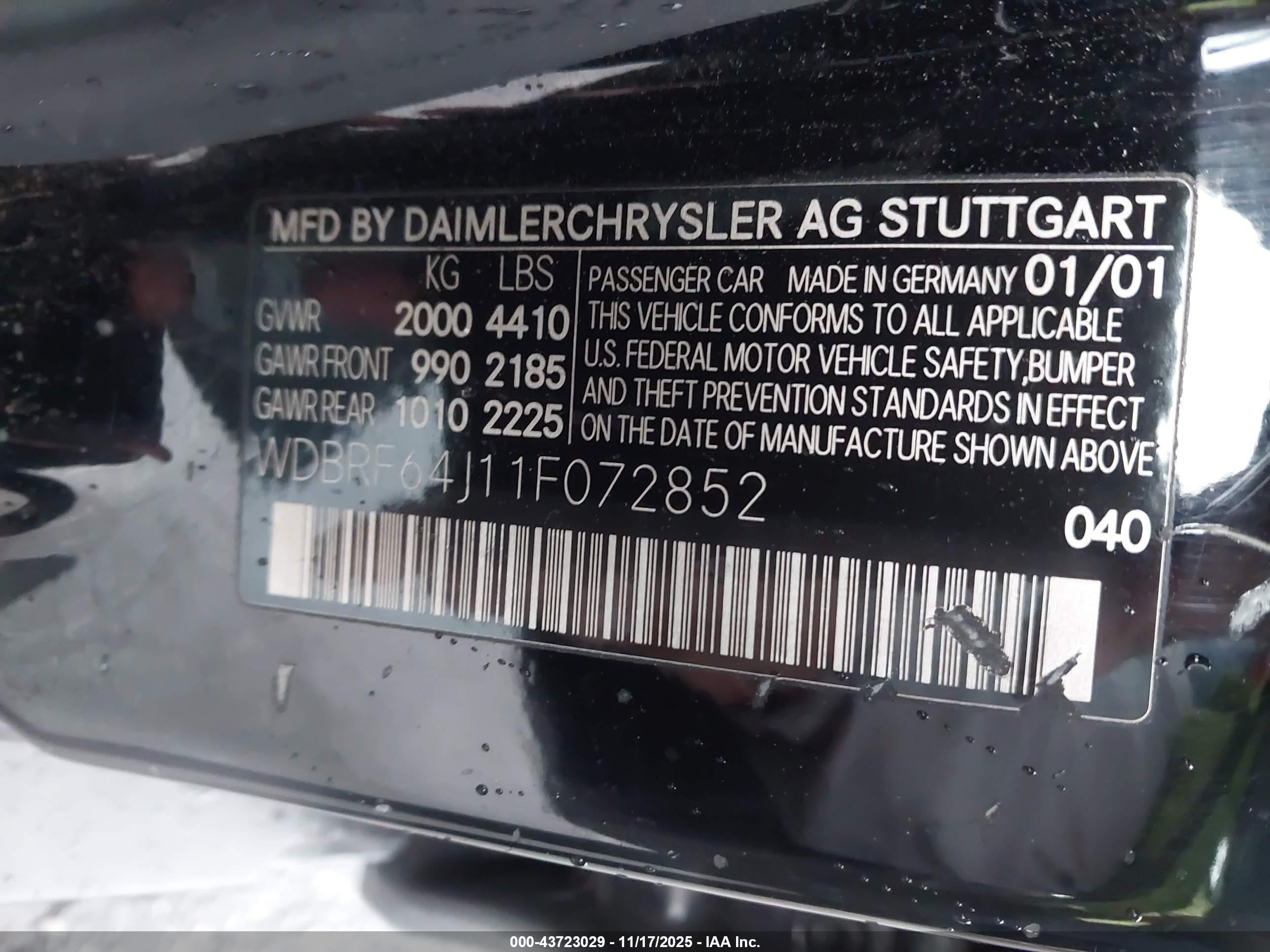 2001 Mercedes-benz C 320   Black vin: WDBRF64J11F072852
