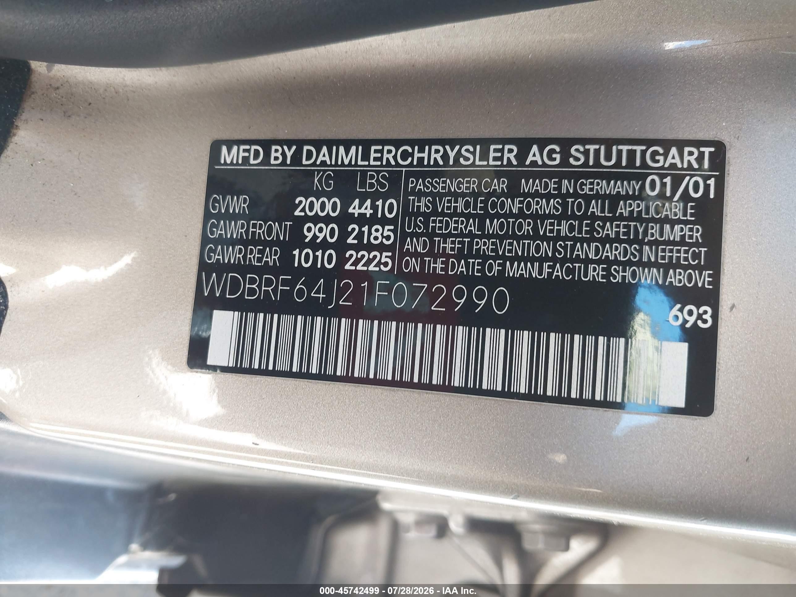 2001 Mercedes-benz C 320 Gold vin: WDBRF64J21F072990