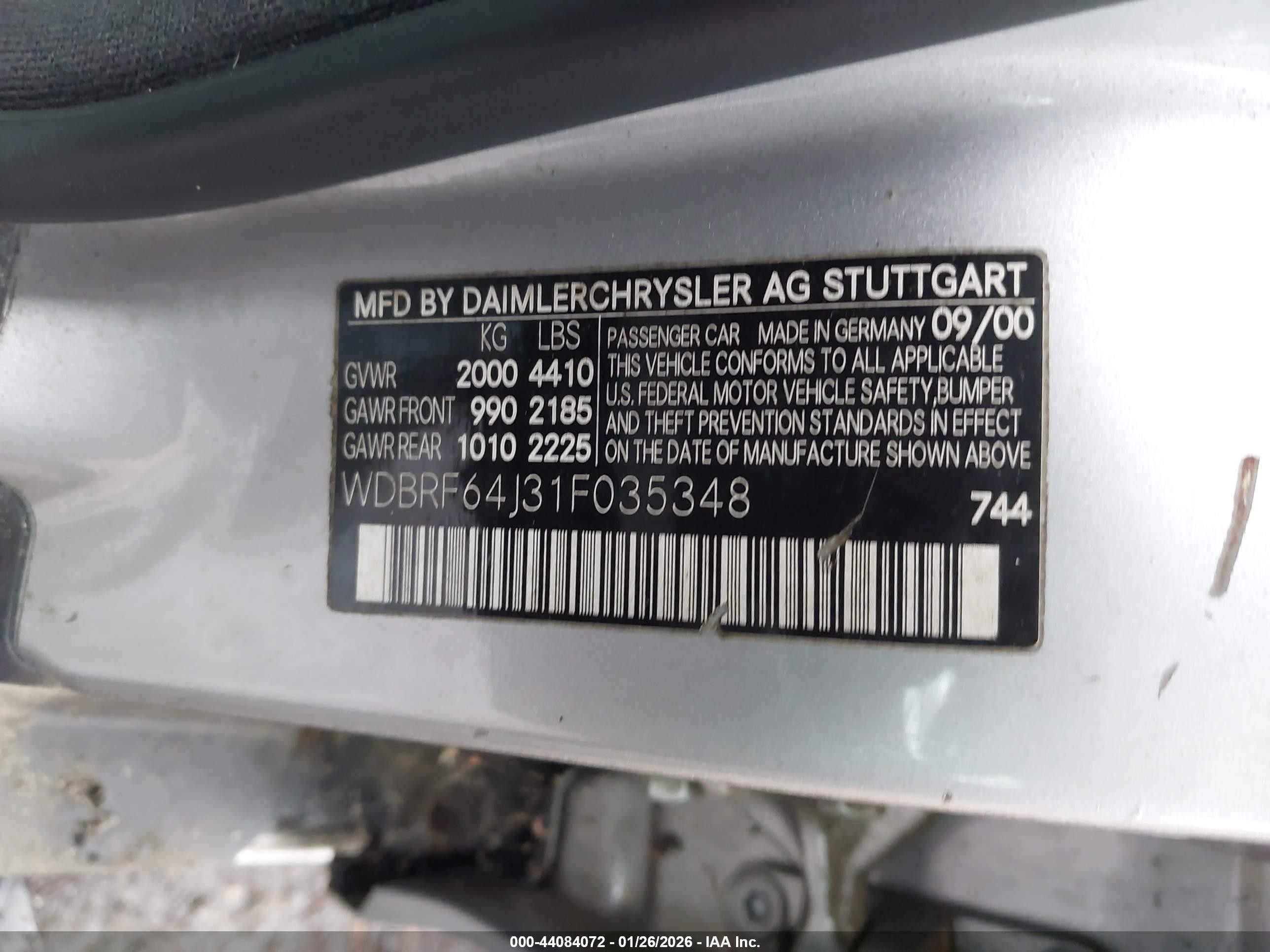 2001 Mercedes-benz C 320   Silver vin: WDBRF64J31F035348