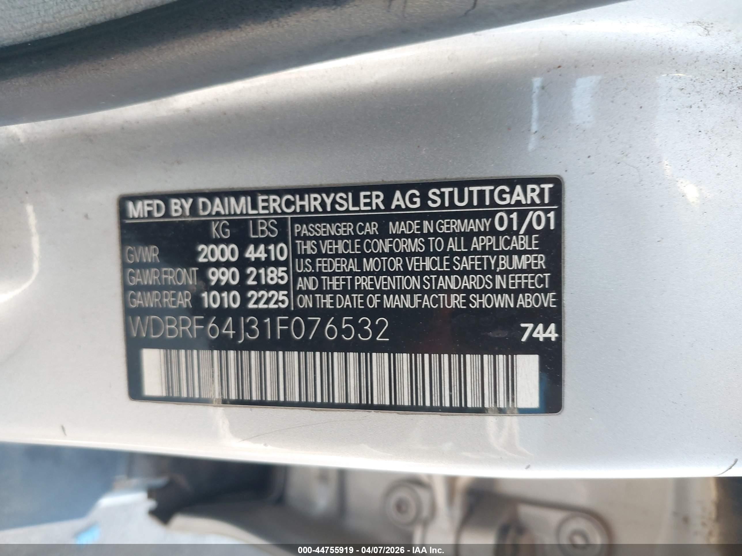 2001 Mercedes-benz C 320   Silver vin: WDBRF64J31F076532