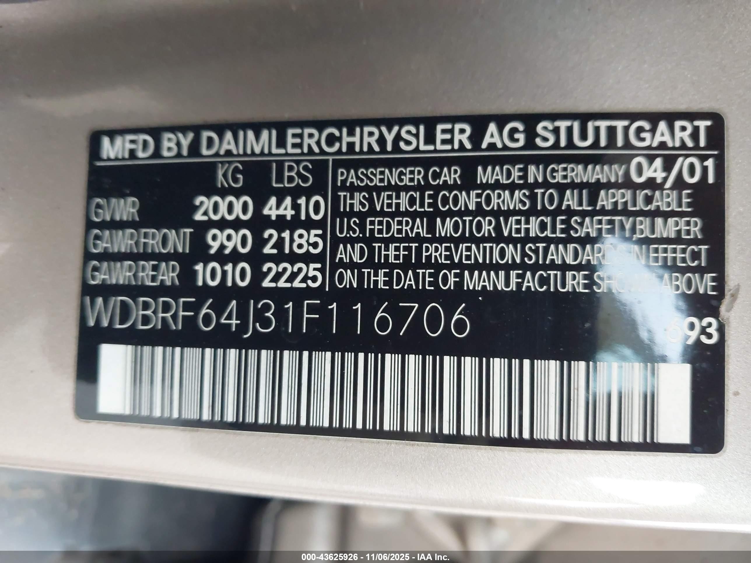 2001 Mercedes-benz C 320 Gold vin: WDBRF64J31F116706