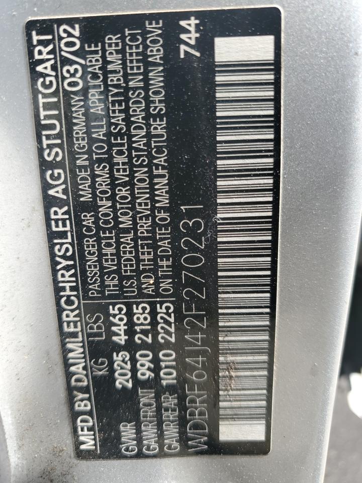2002 Mercedes-benz C 320 Silver vin: WDBRF64J42F270231
