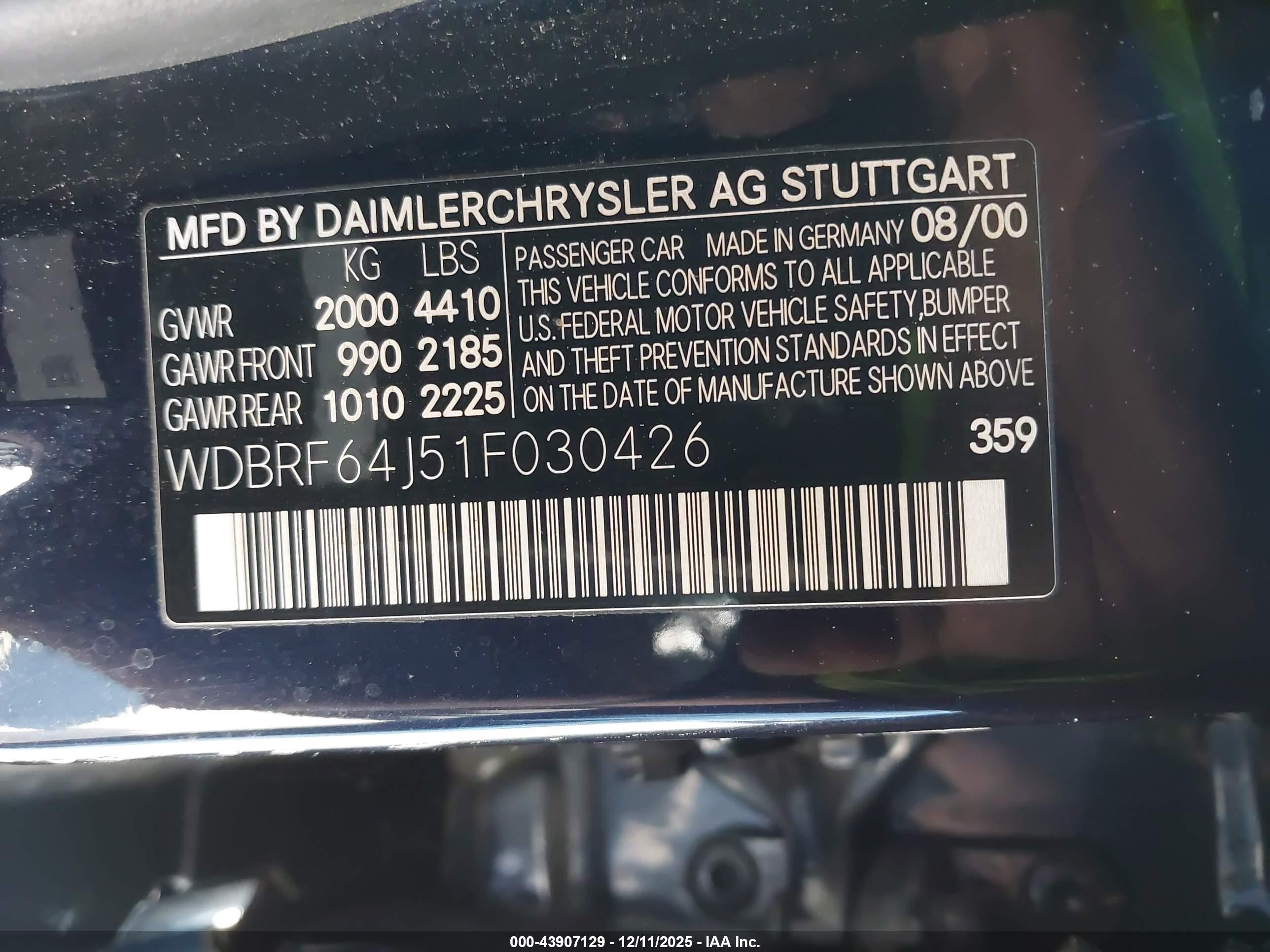 2001 Mercedes-benz C 320   Purple vin: WDBRF64J51F030426
