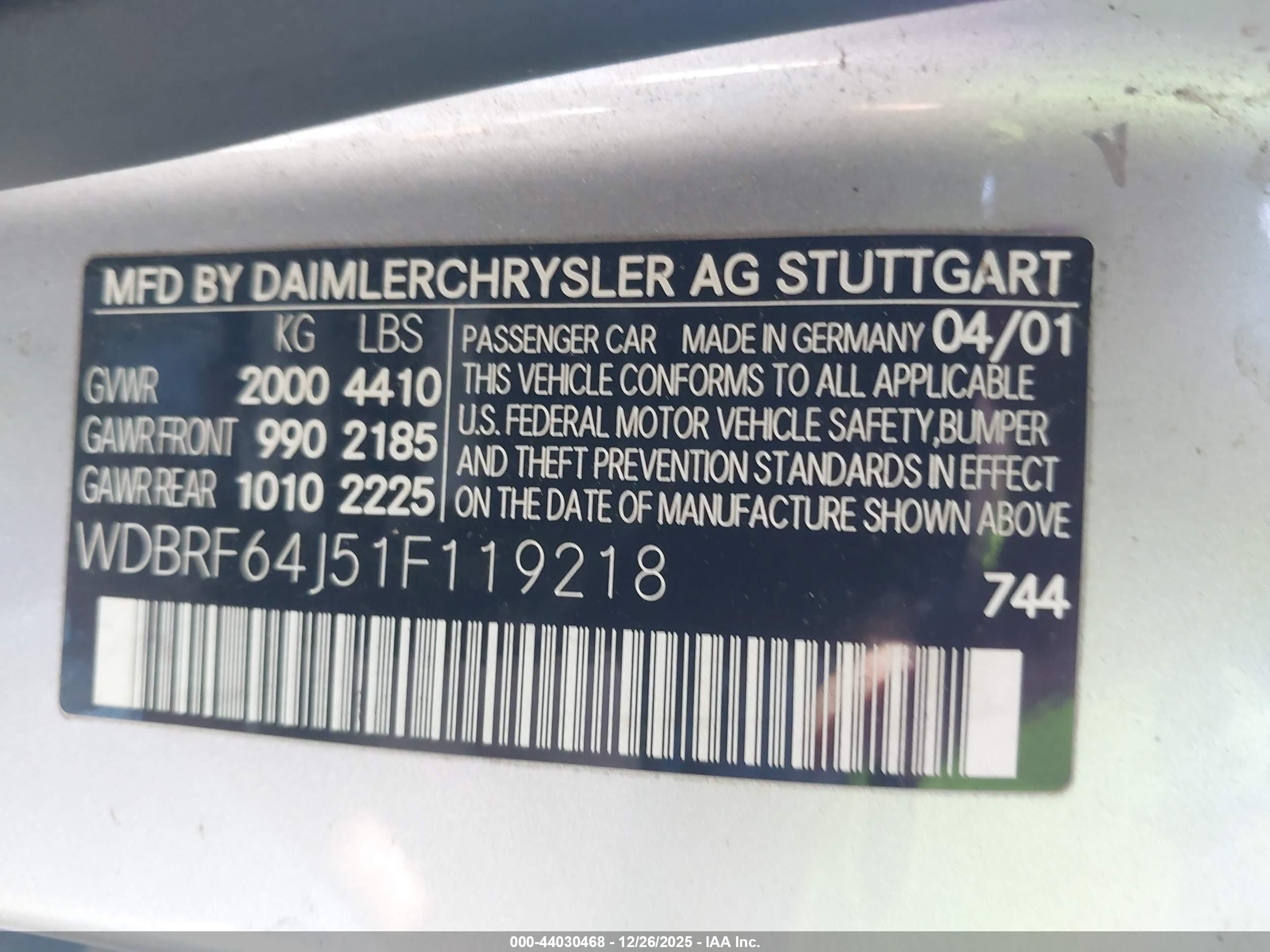 2001 Mercedes-benz C 320   Silver vin: WDBRF64J51F119218
