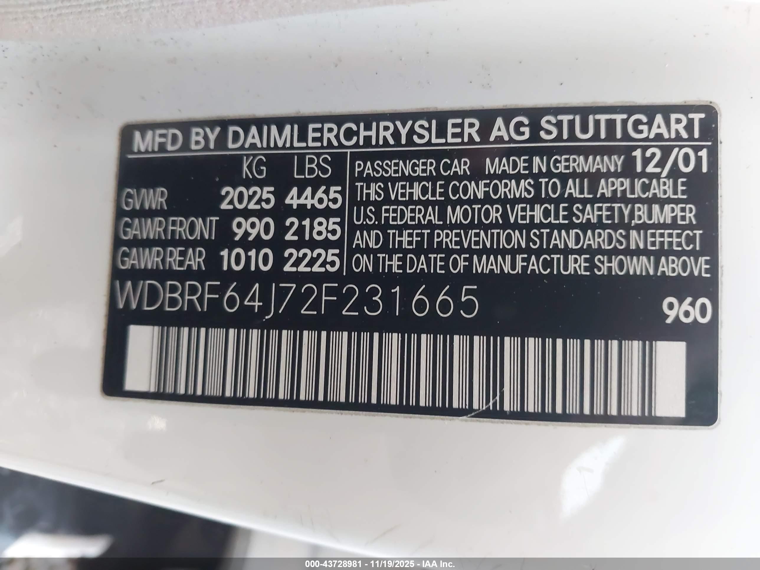 2002 Mercedes-benz C 320 White vin: WDBRF64J72F231665