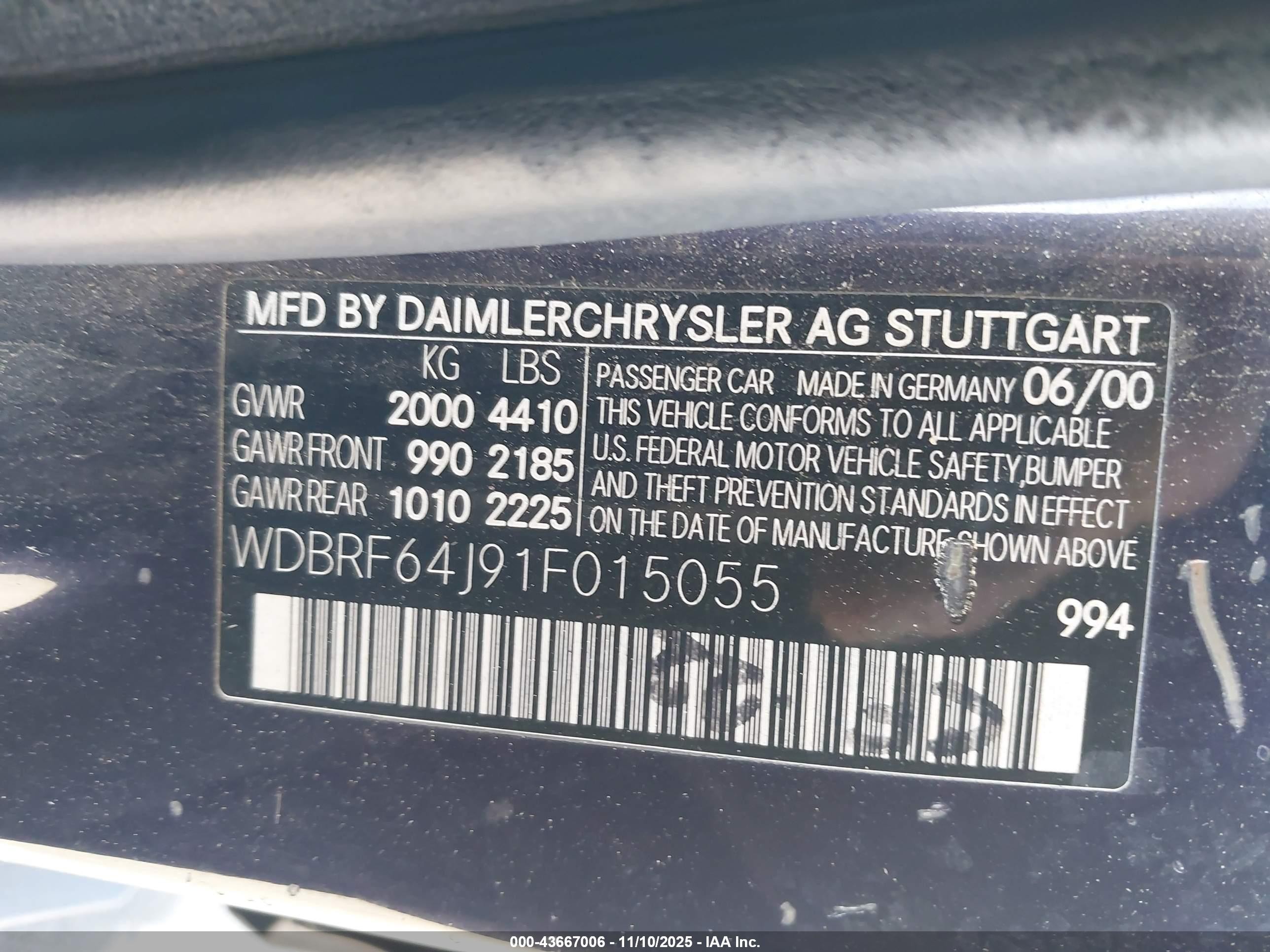2001 Mercedes-benz C 320   Purple vin: WDBRF64J91F015055
