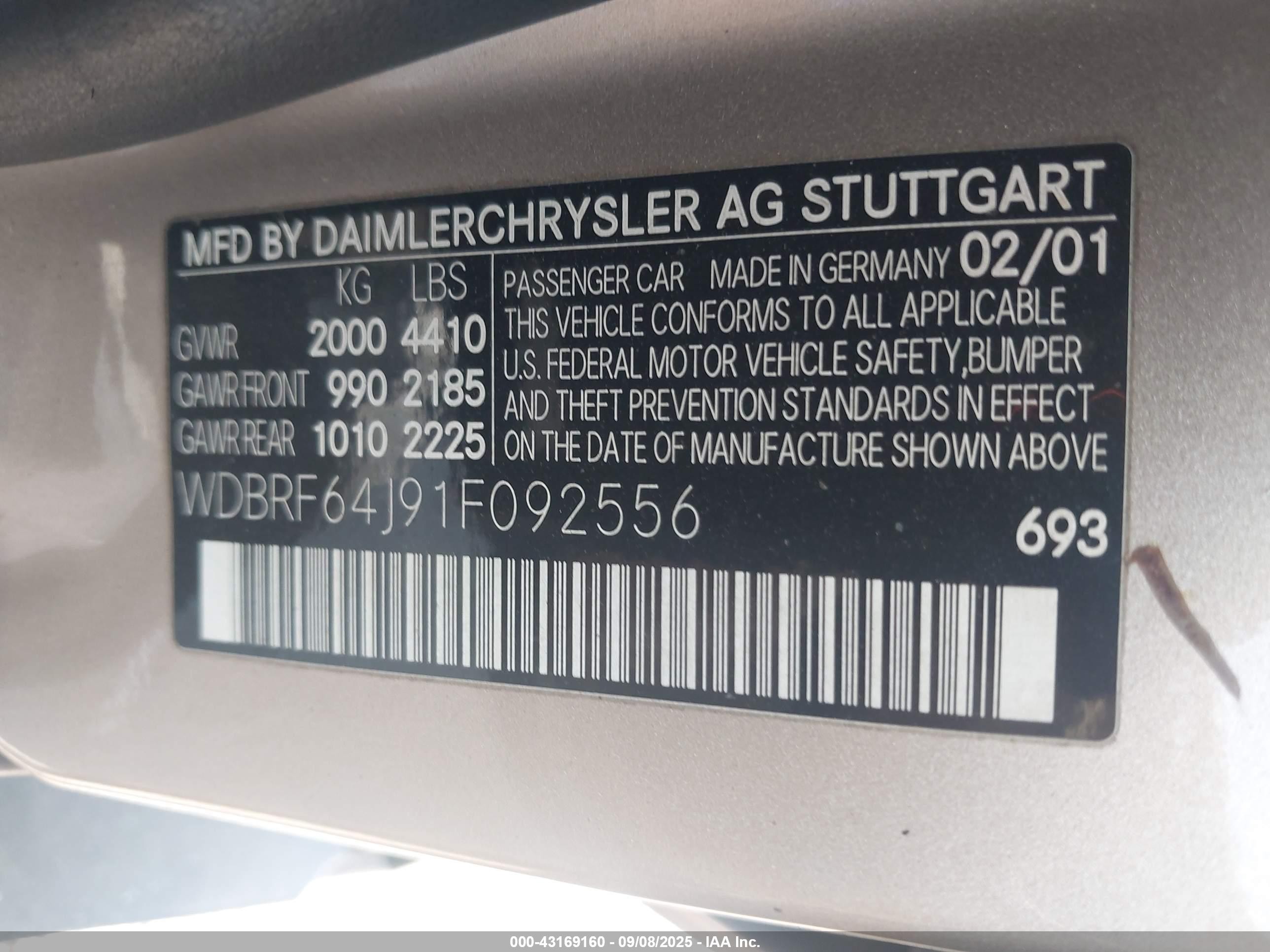 2001 Mercedes-benz C 320   Tan vin: WDBRF64J91F092556