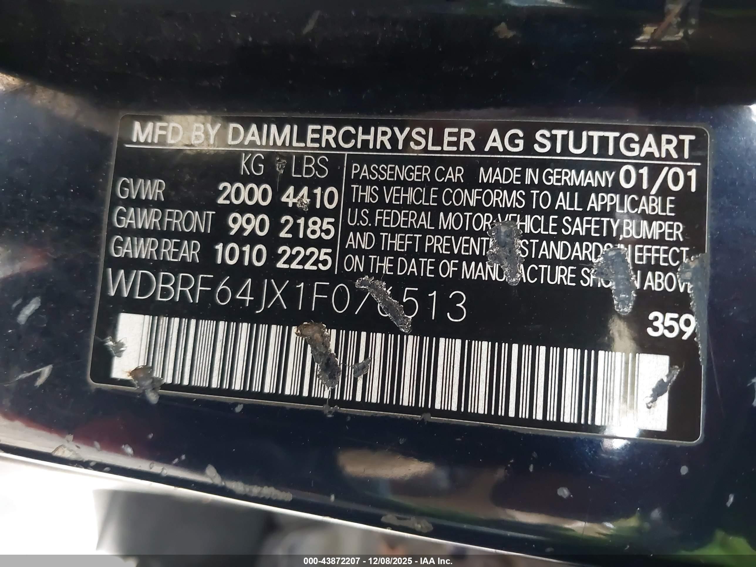2001 Mercedes-benz C 320   Navy vin: WDBRF64JX1F076513