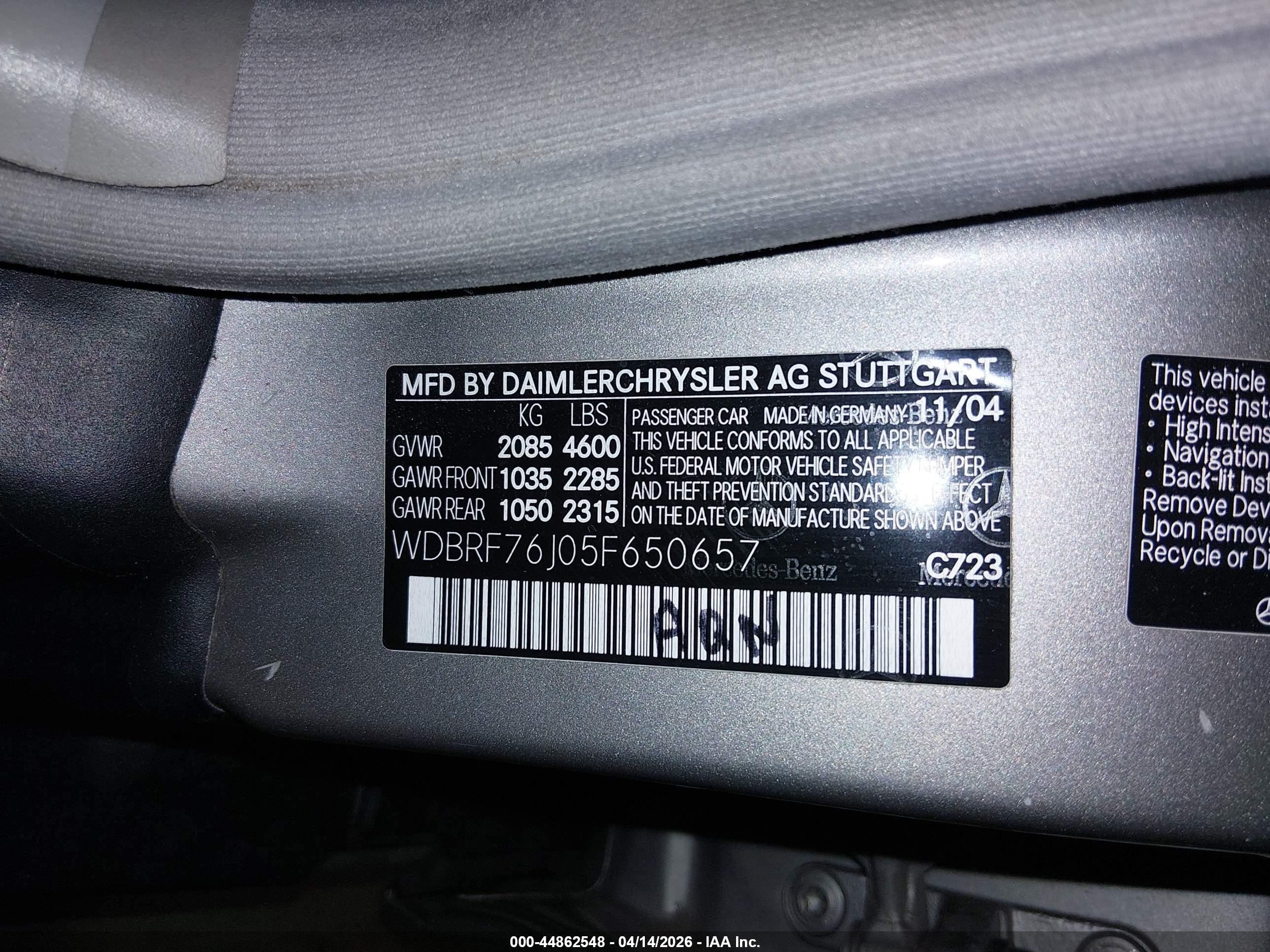 2005 Mercedes-benz C 55 Amg   Серебряный vin: WDBRF76J05F650657