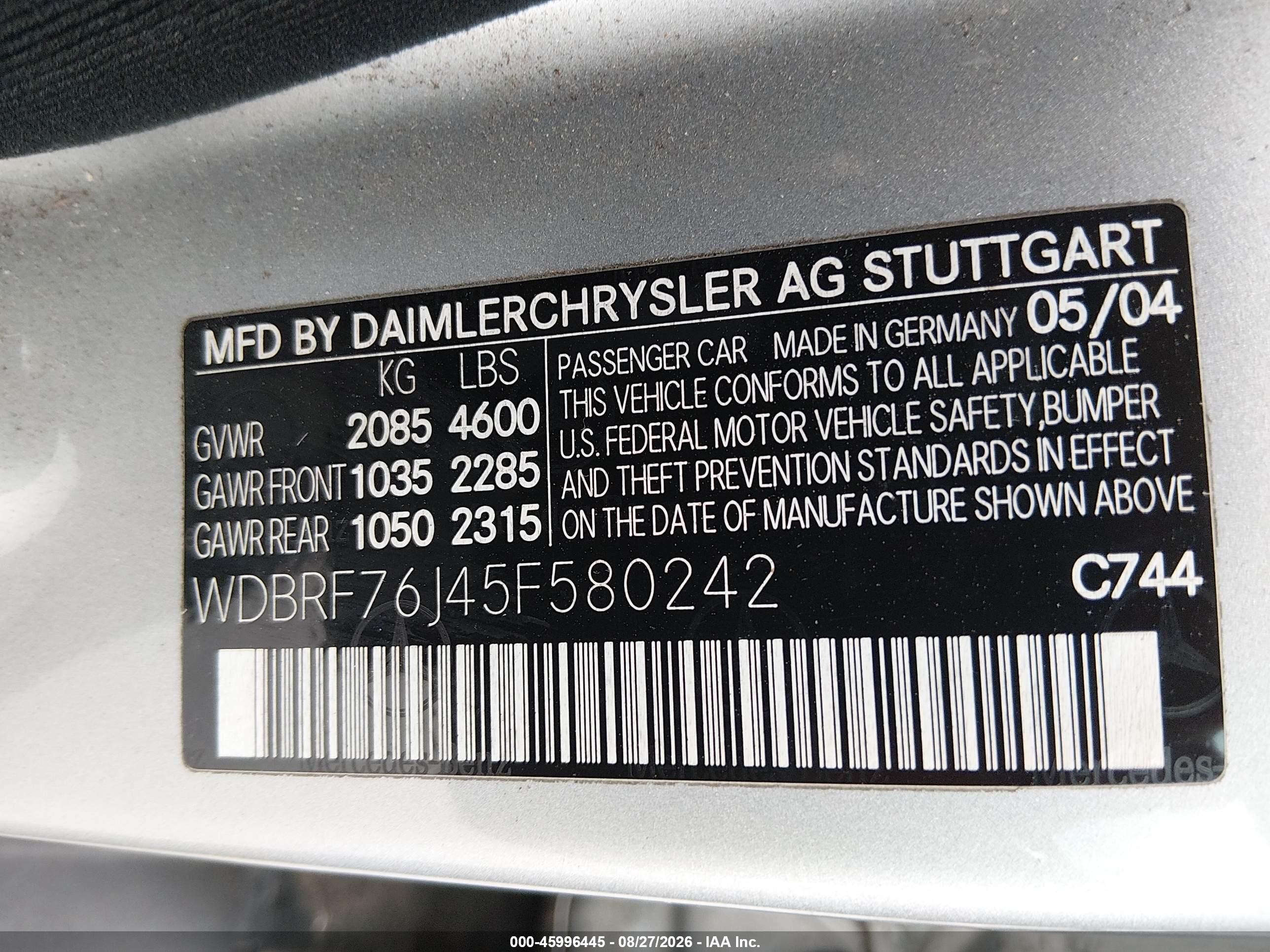 2005 Mercedes-benz C-class 5.5l Amg Silver vin: WDBRF76J45F580242