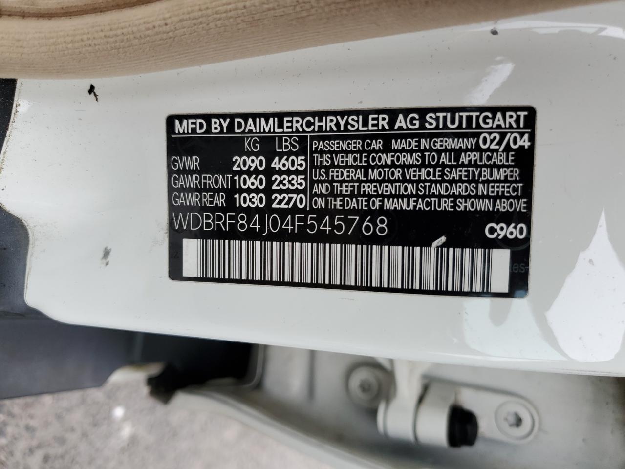 2004 Mercedes-benz C 320 4matic White vin: WDBRF84J04F545768