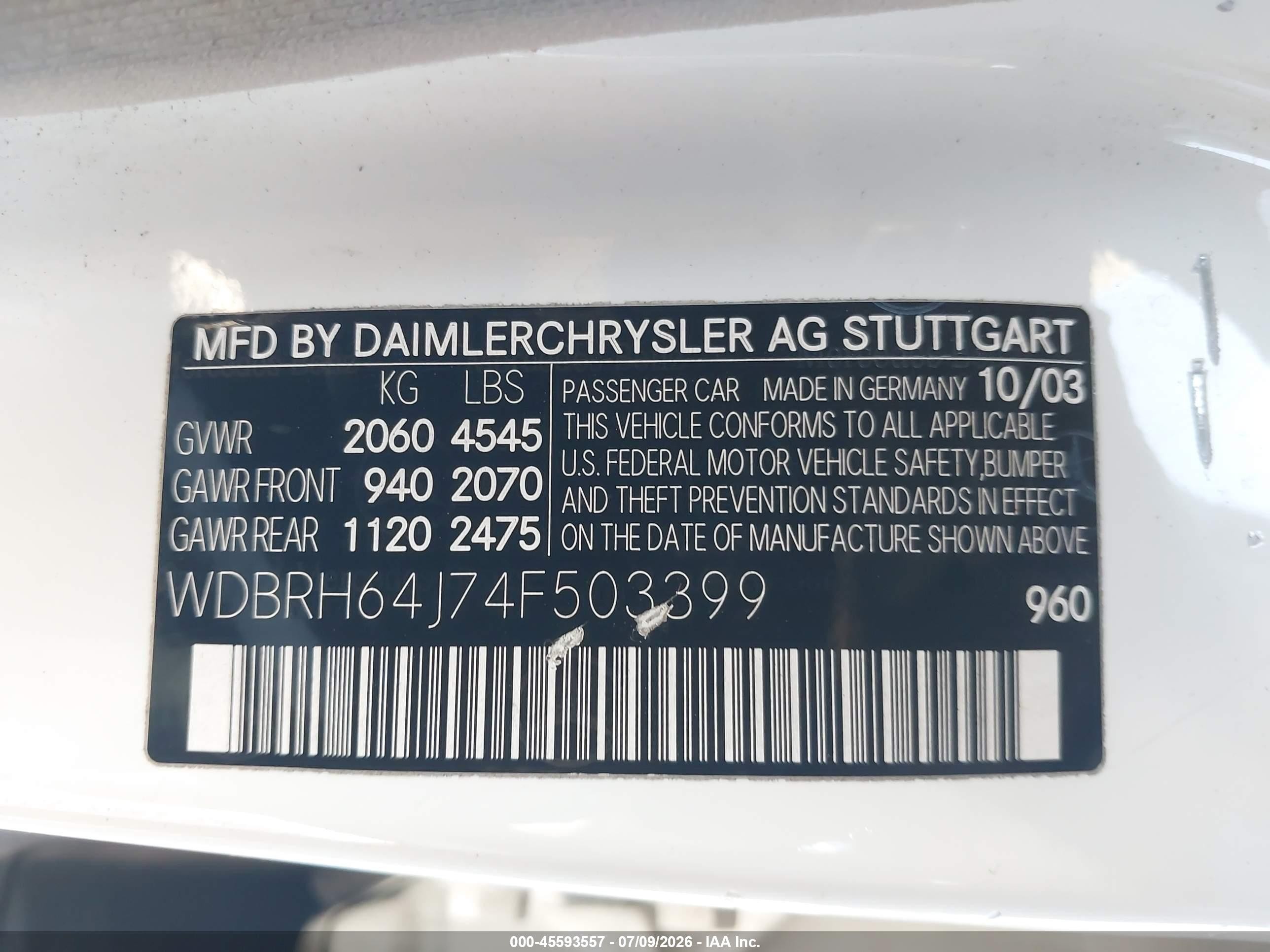 2004 Mercedes-benz C 320   White vin: WDBRH64J74F503399