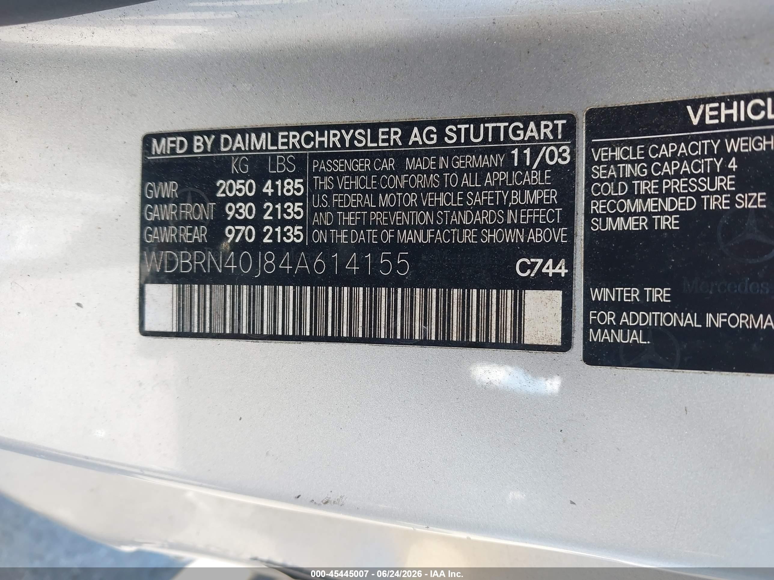 2004 Mercedes-benz C 230 Kompressor Sport Silver vin: WDBRN40J84A614155