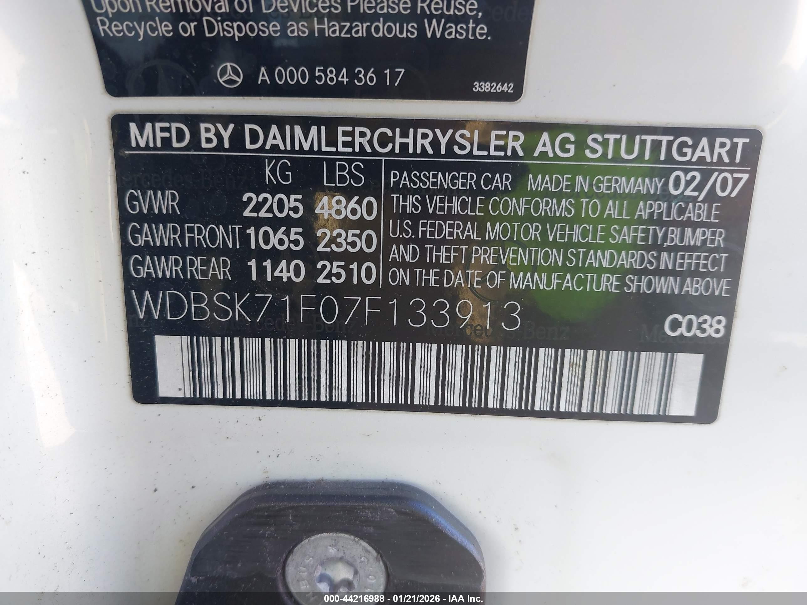 2007 Mercedes-benz Sl 550   Белый vin: WDBSK71F07F133913