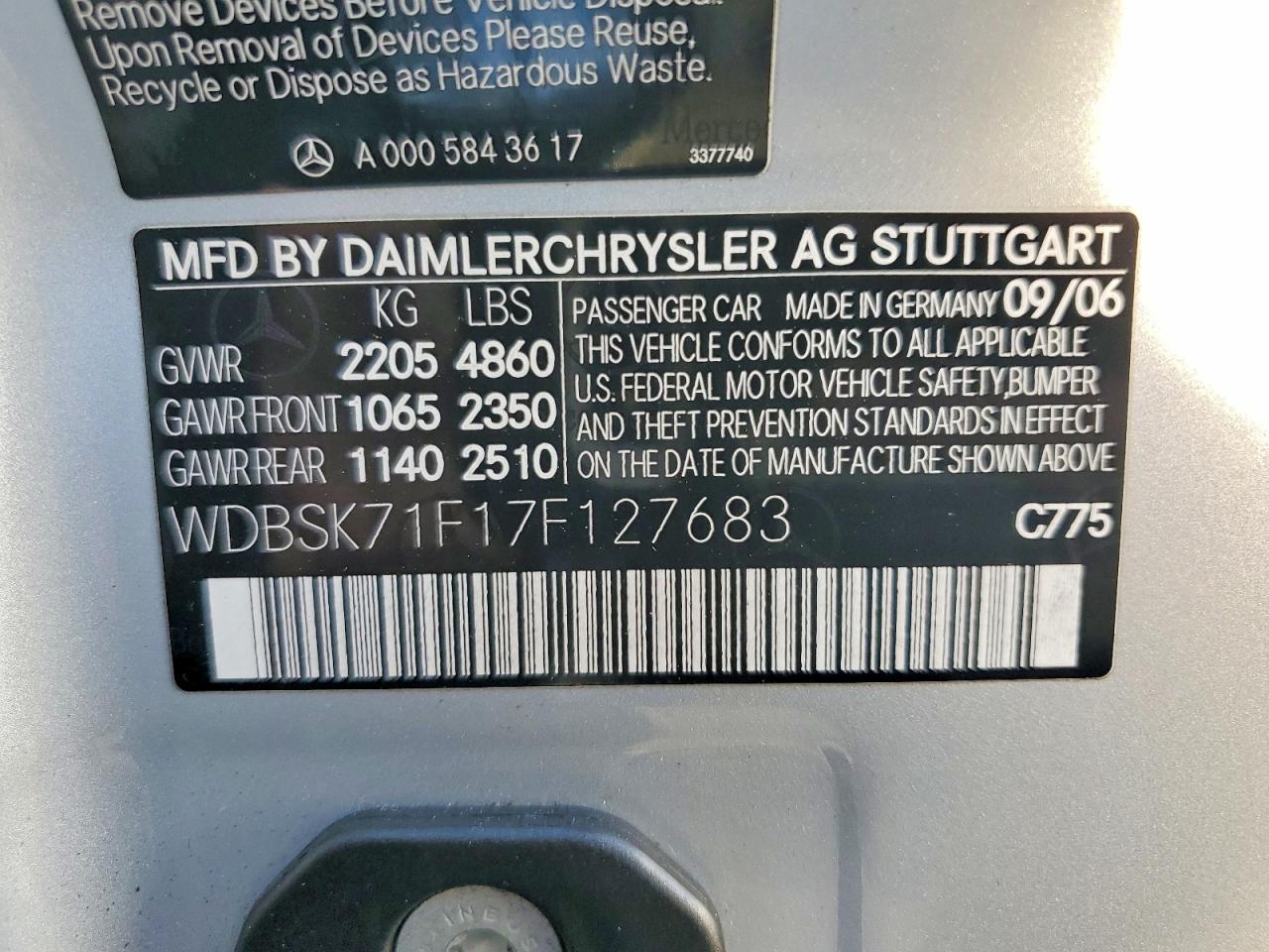 2007 Mercedes-benz Sl 550 Silver vin: WDBSK71F17F127683