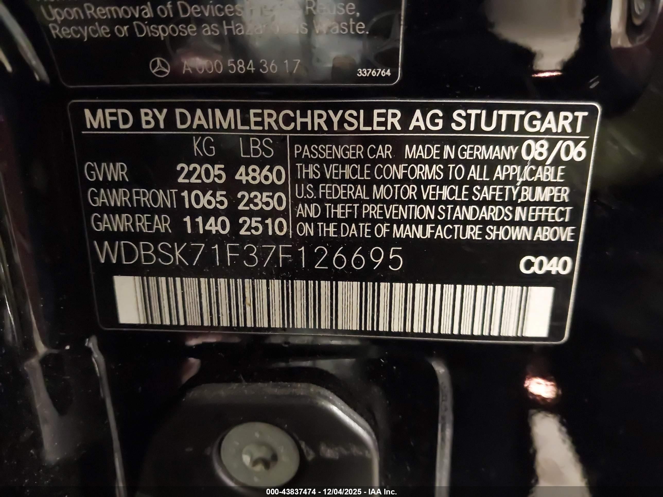 2007 Mercedes-benz Sl 550   Black vin: WDBSK71F37F126695