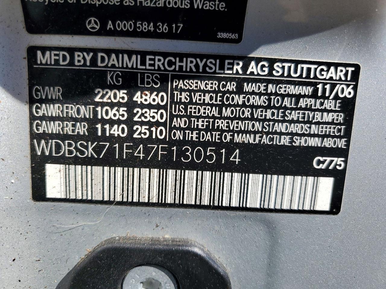 2007 Mercedes-benz Sl 550 Silver vin: WDBSK71F47F130514