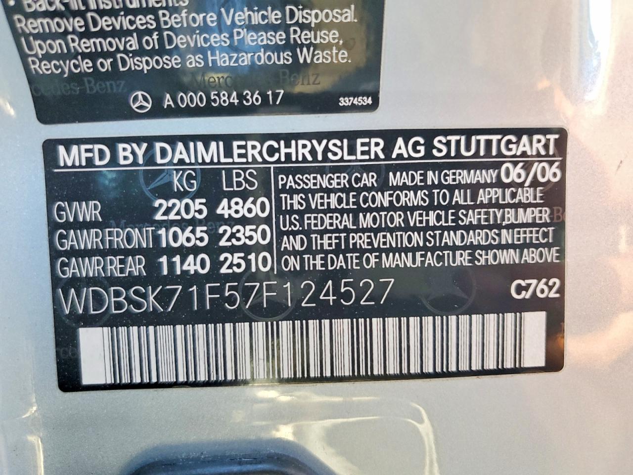 2007 Mercedes Benz Sl 550 Silver vin: WDBSK71F57F124527