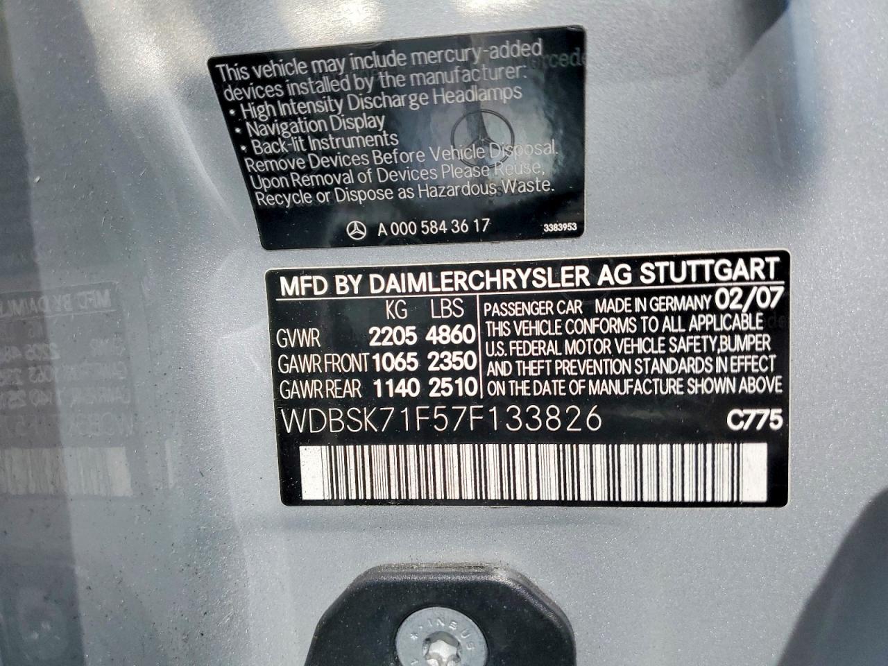 2007 Mercedes-benz Sl 550 Серебряный vin: WDBSK71F57F133826