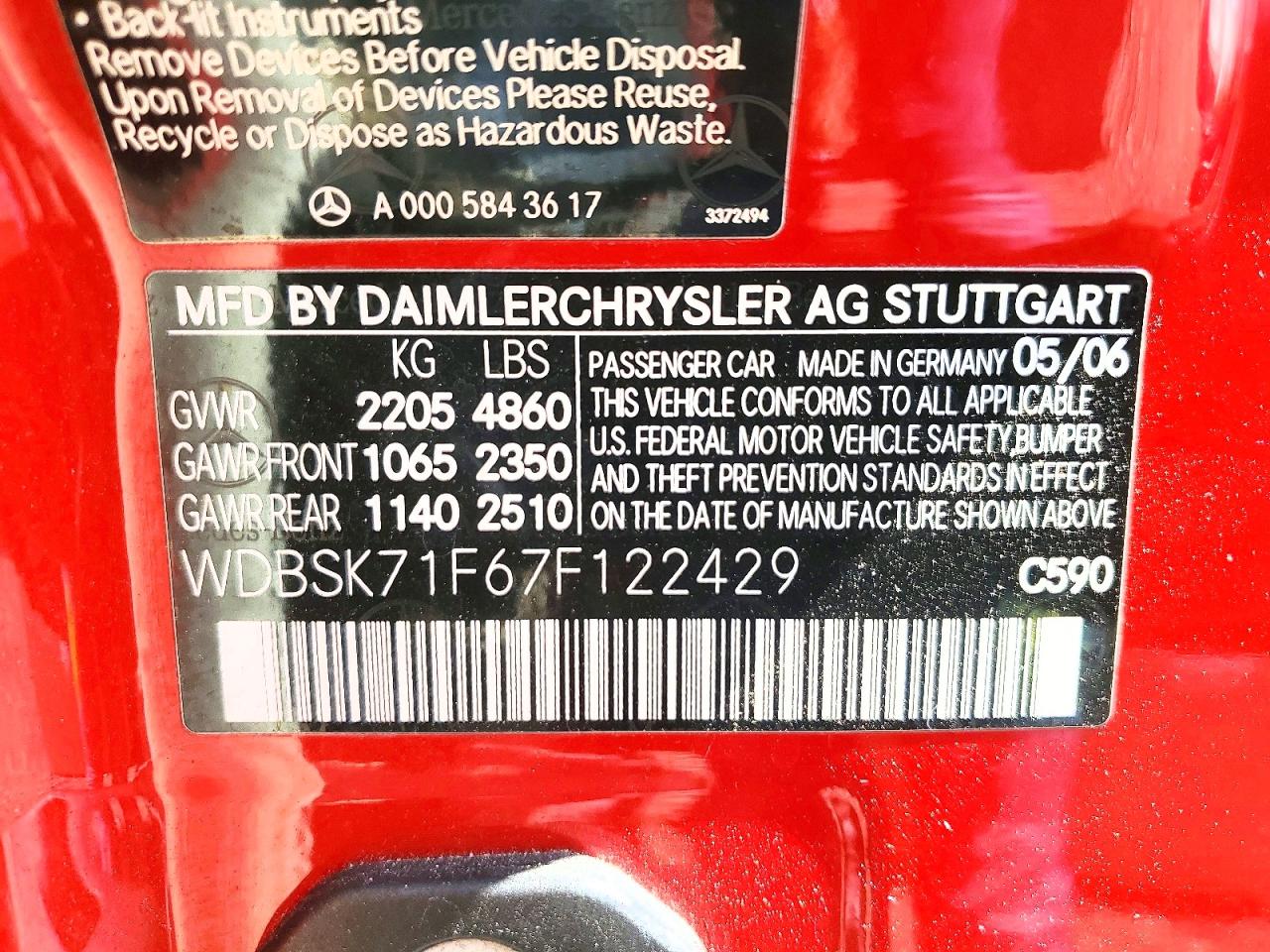 2007 Mercedes-benz Sl 550 Red vin: WDBSK71F67F122429