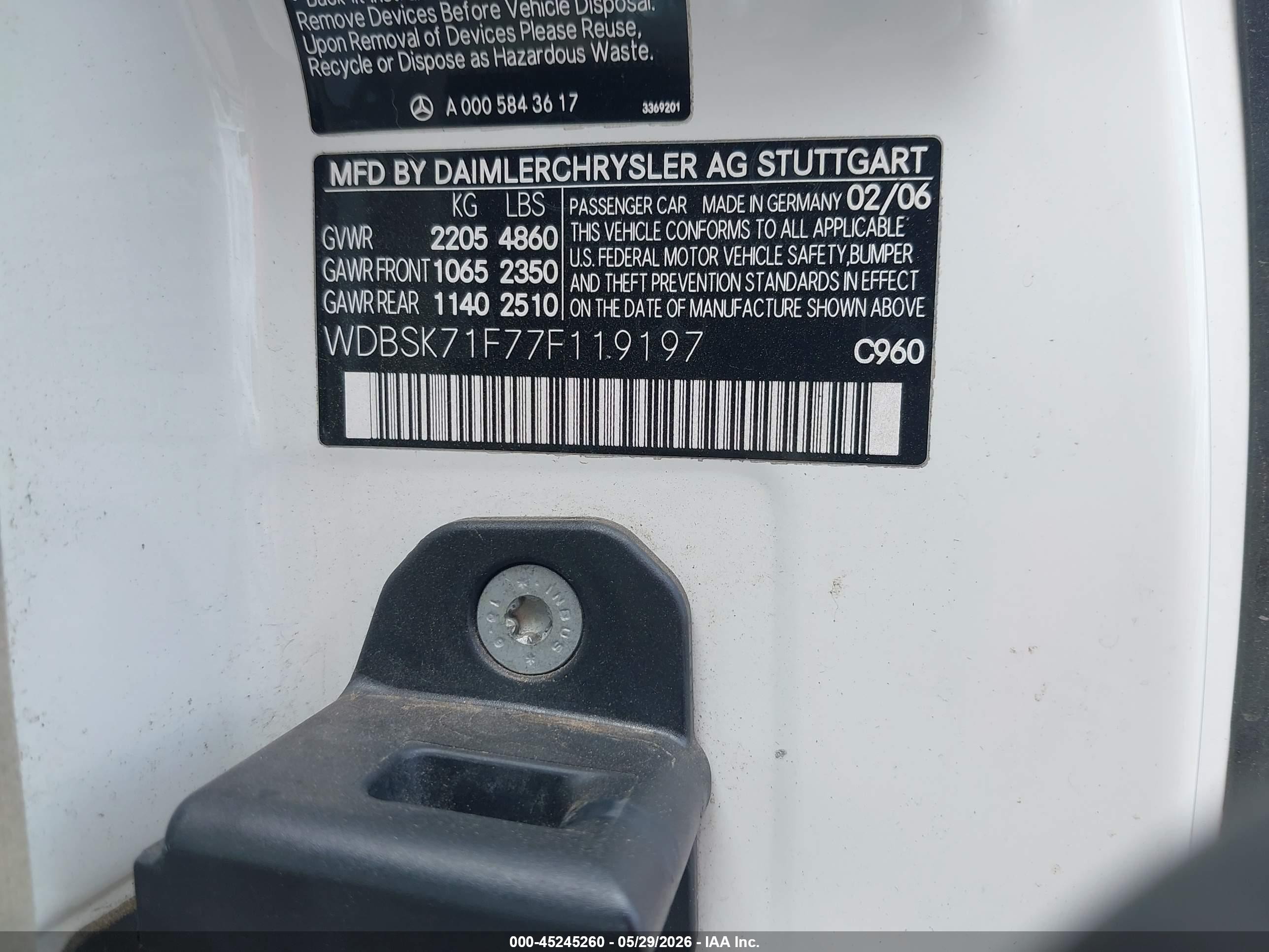 2007 Mercedes-benz Sl 550 Белый vin: WDBSK71F77F119197