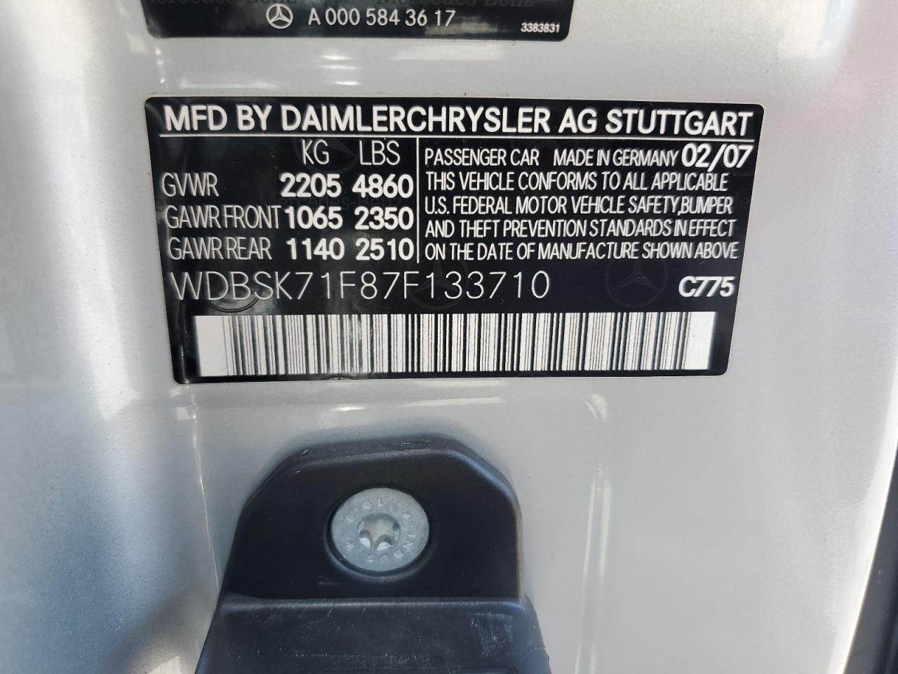 2007 Mercedes-benz Sl 550 Silver vin: WDBSK71F87F133710