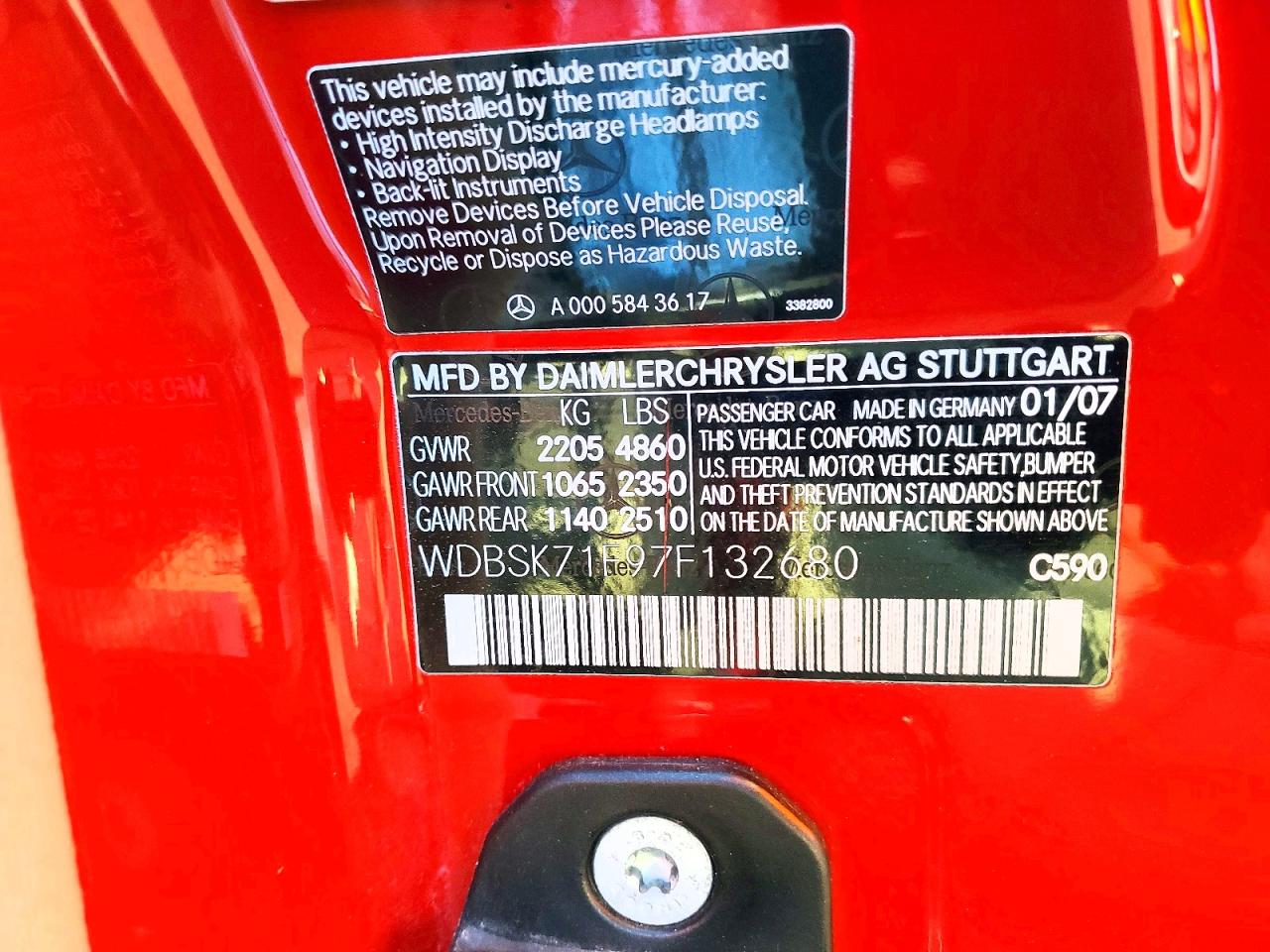 2007 Mercedes-benz Sl 550 Red vin: WDBSK71F97F132680