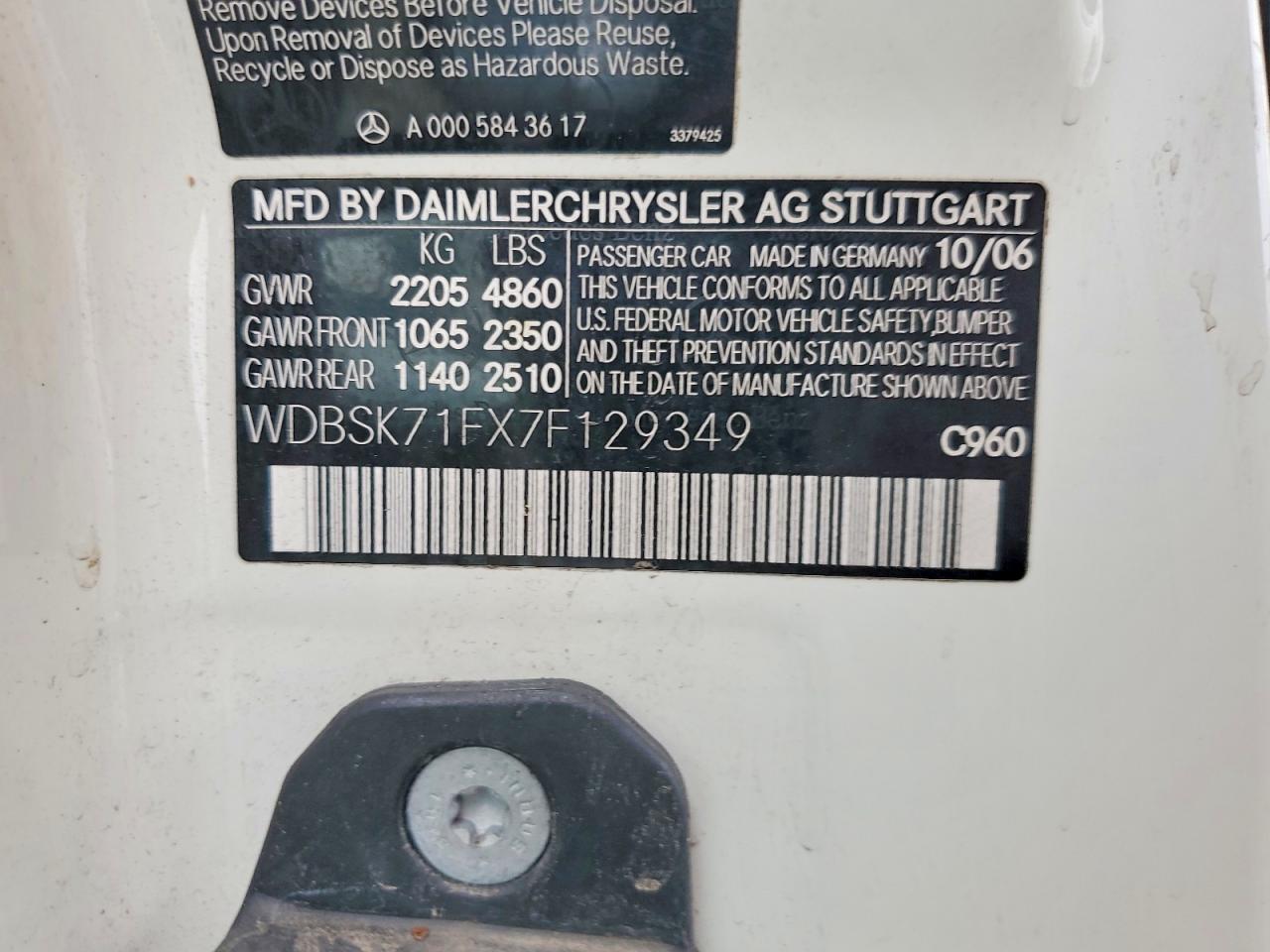 2007 Mercedes-benz Sl 550 Белый vin: WDBSK71FX7F129349