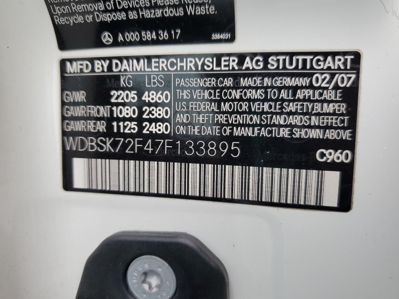 2007 Mercedes-benz Sl 55 Amg White vin: WDBSK72F47F133895