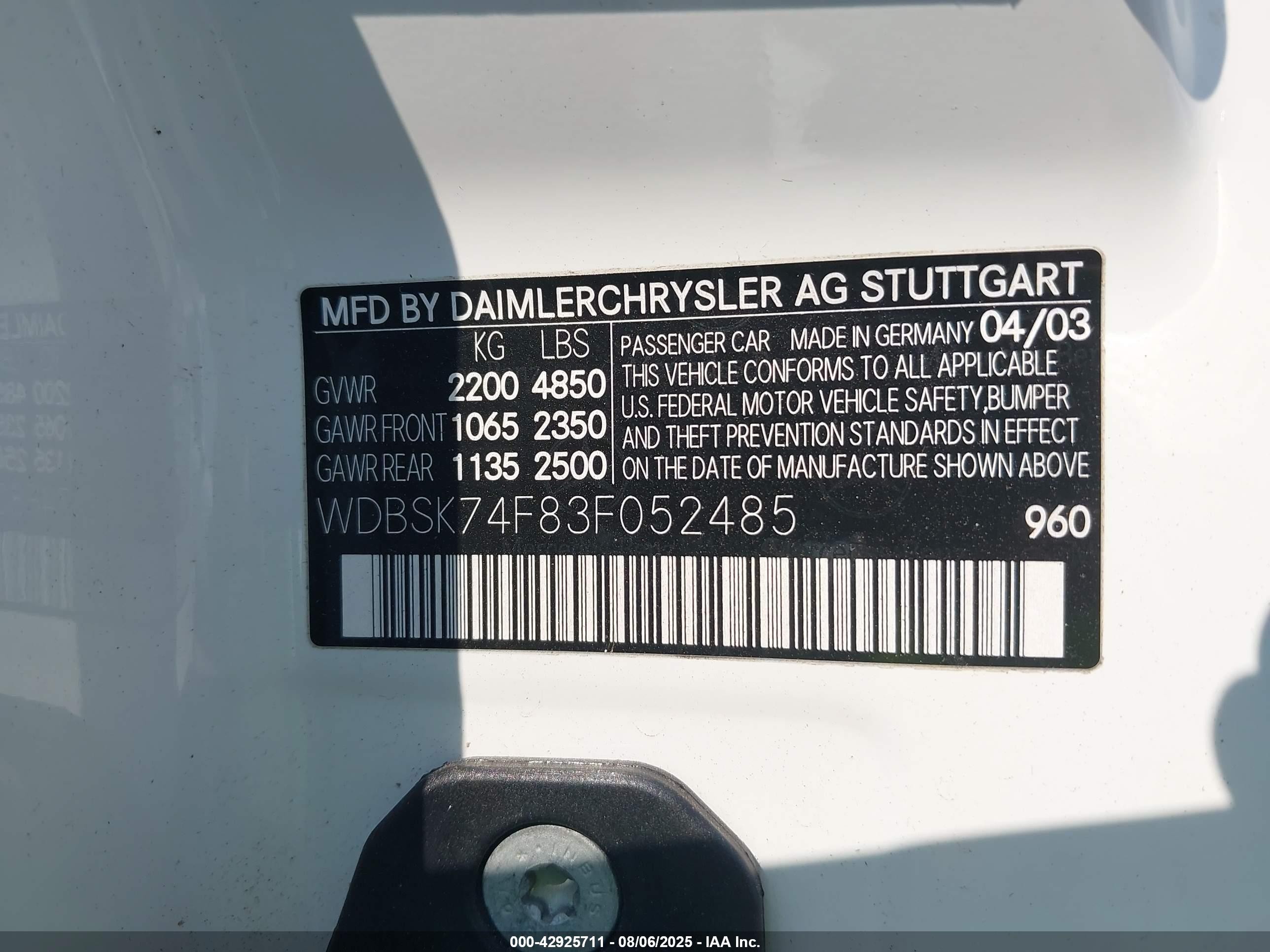 2003 Mercedes-benz Sl 55 Amg   Белый vin: WDBSK74F83F052485