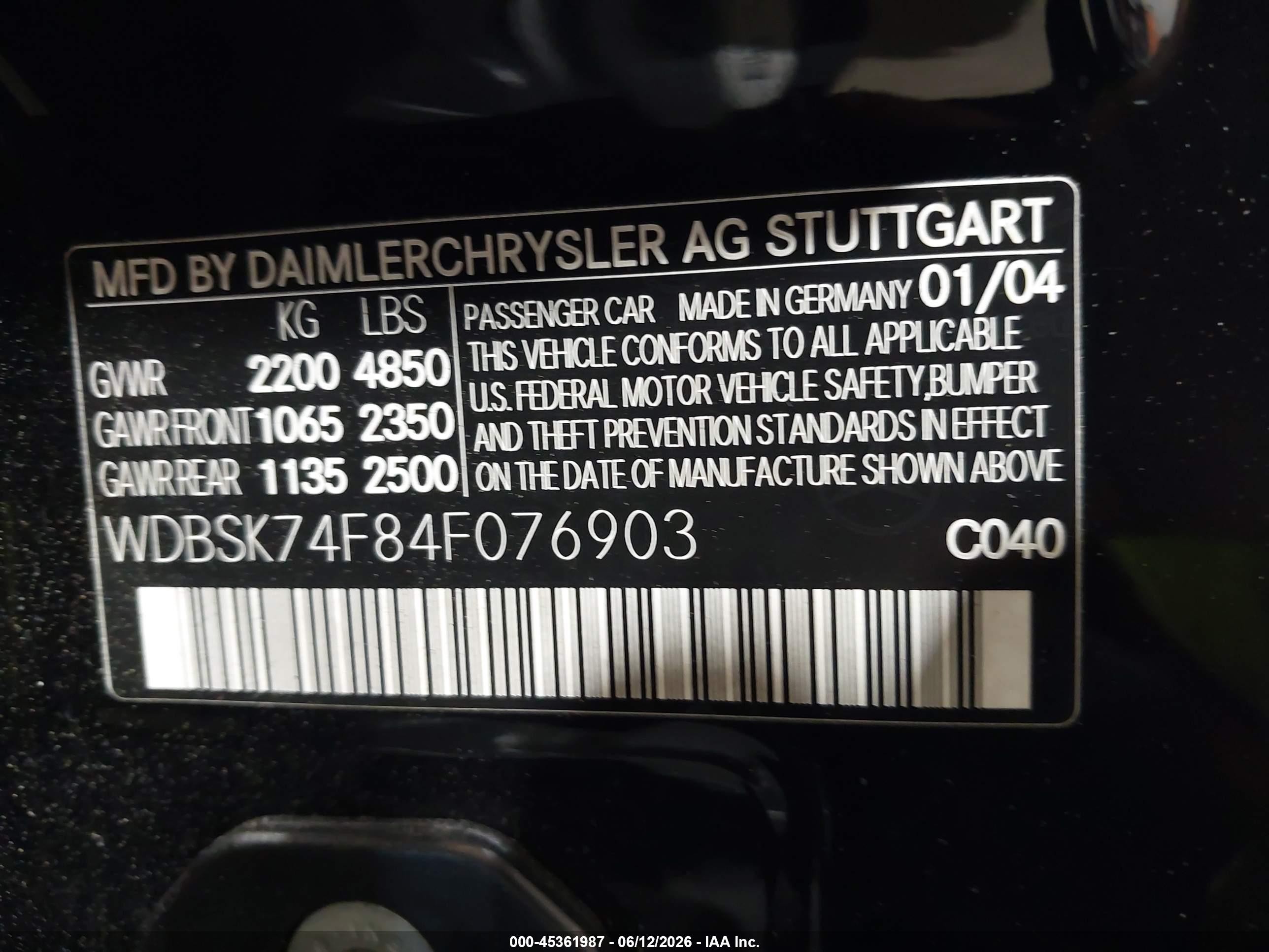 2004 Mercedes-benz Sl 55 Amg   Черный vin: WDBSK74F84F076903