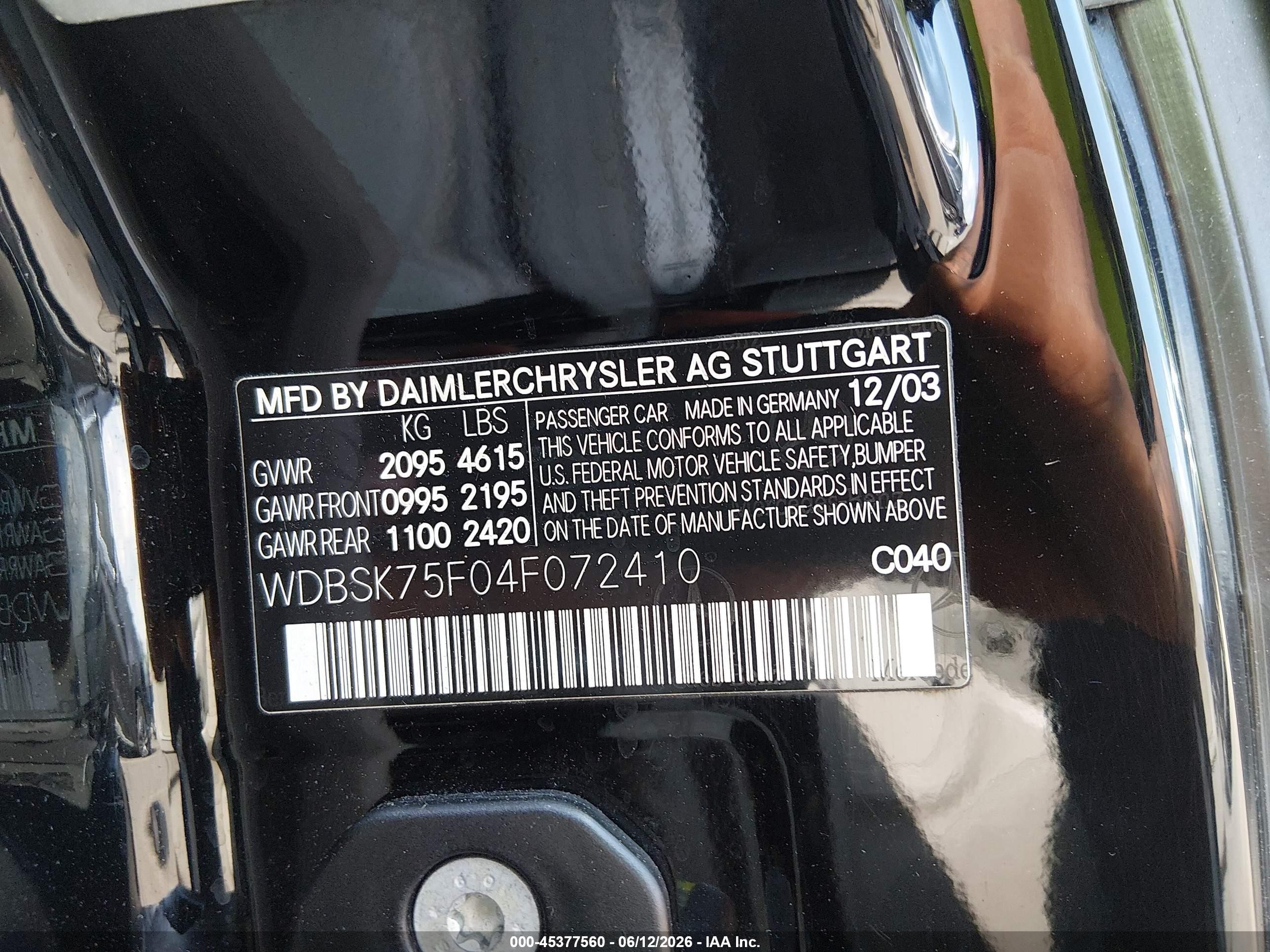 2004 Mercedes-benz Sl 500 Черный vin: WDBSK75F04F072410