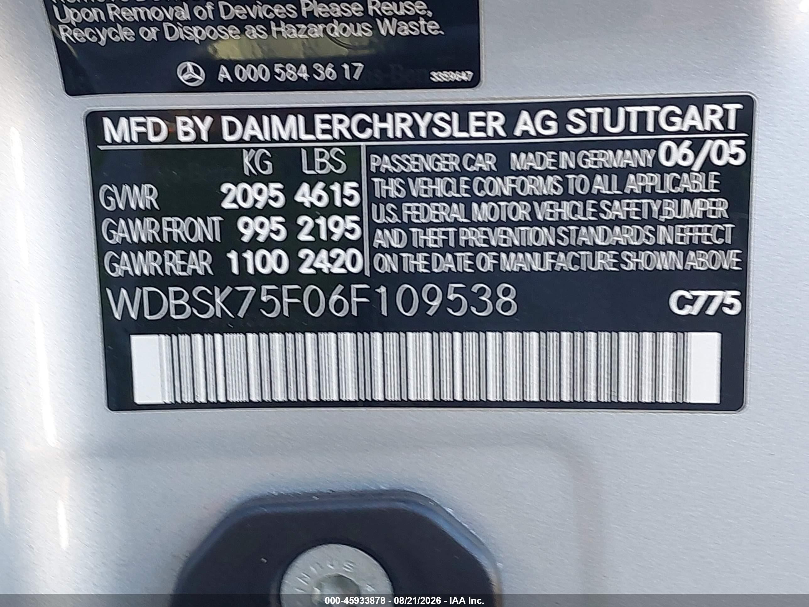 2006 Mercedes-benz Sl 500   Silver vin: WDBSK75F06F109538