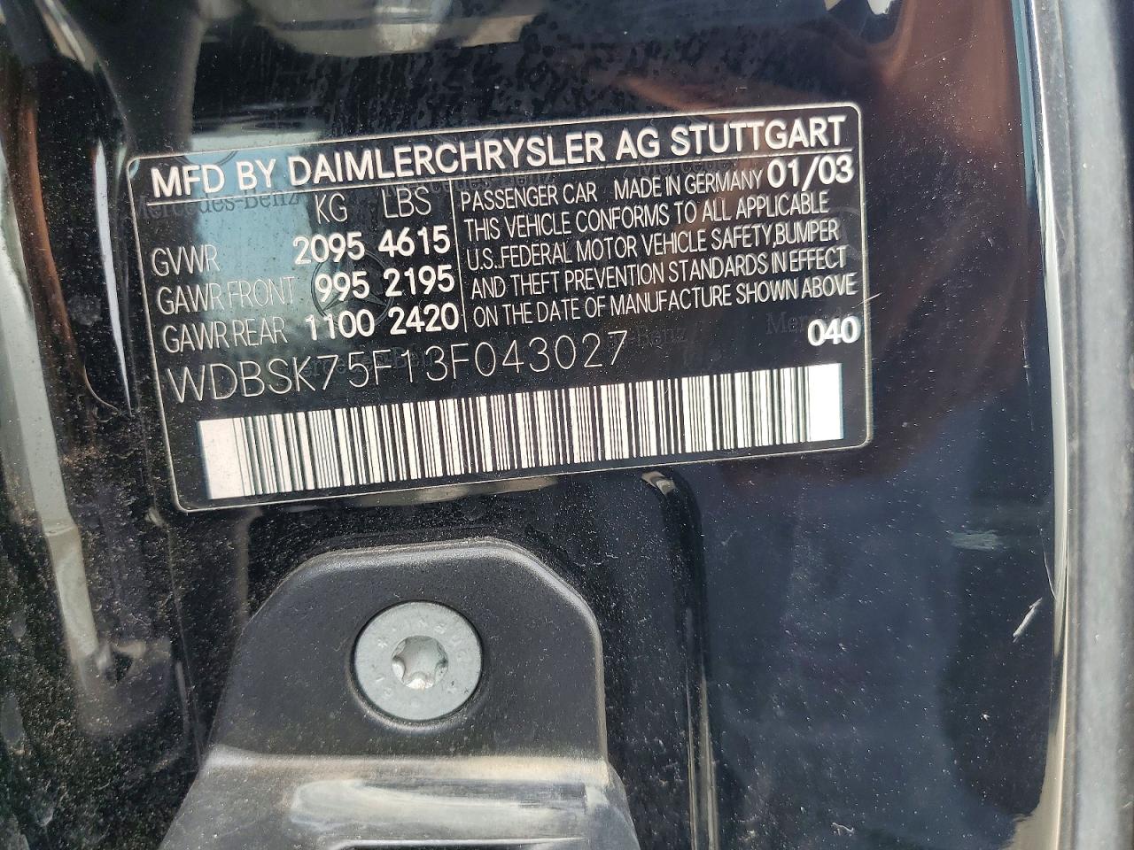 2003 Mercedes-benz Sl 500r Черный vin: WDBSK75F13F043027