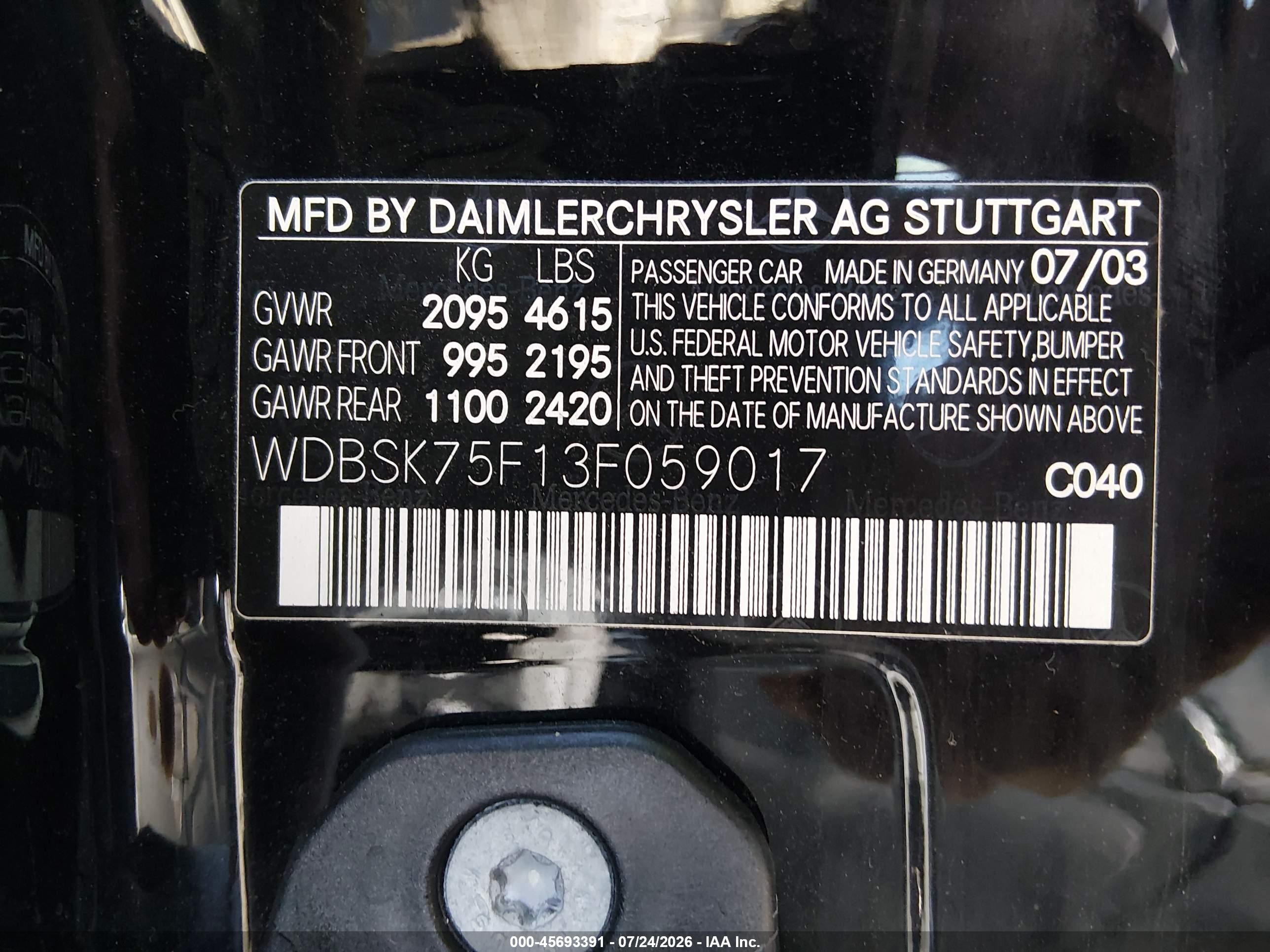 2003 Mercedes-benz Sl 500   Black vin: WDBSK75F13F059017