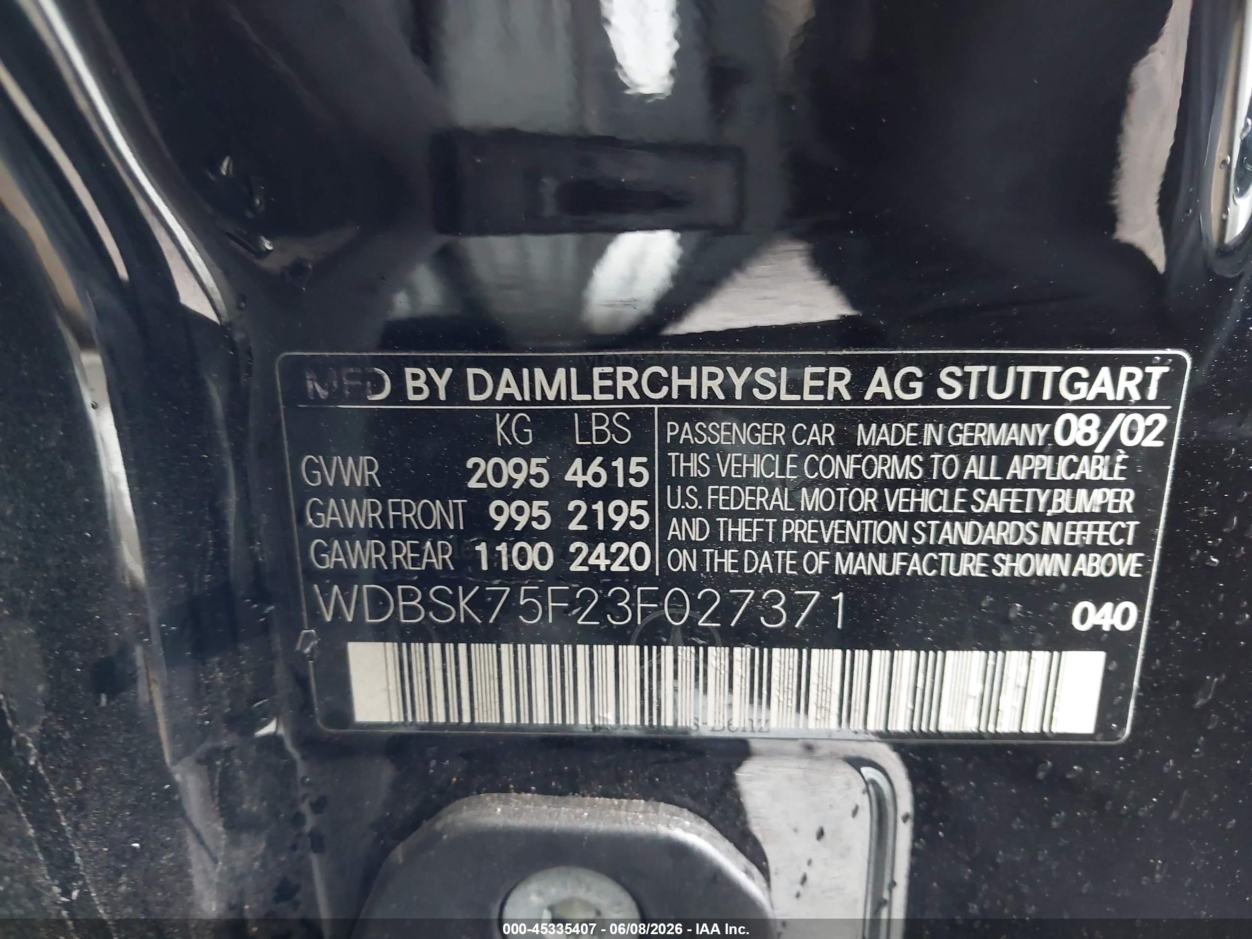 2003 Mercedes-benz Sl 500   Black vin: WDBSK75F23F027371