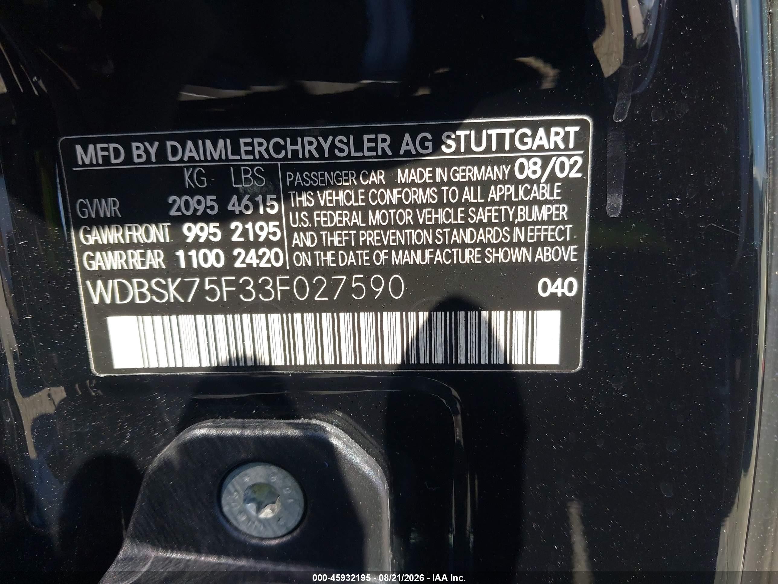 2003 Mercedes-benz Sl 500   Черный vin: WDBSK75F33F027590
