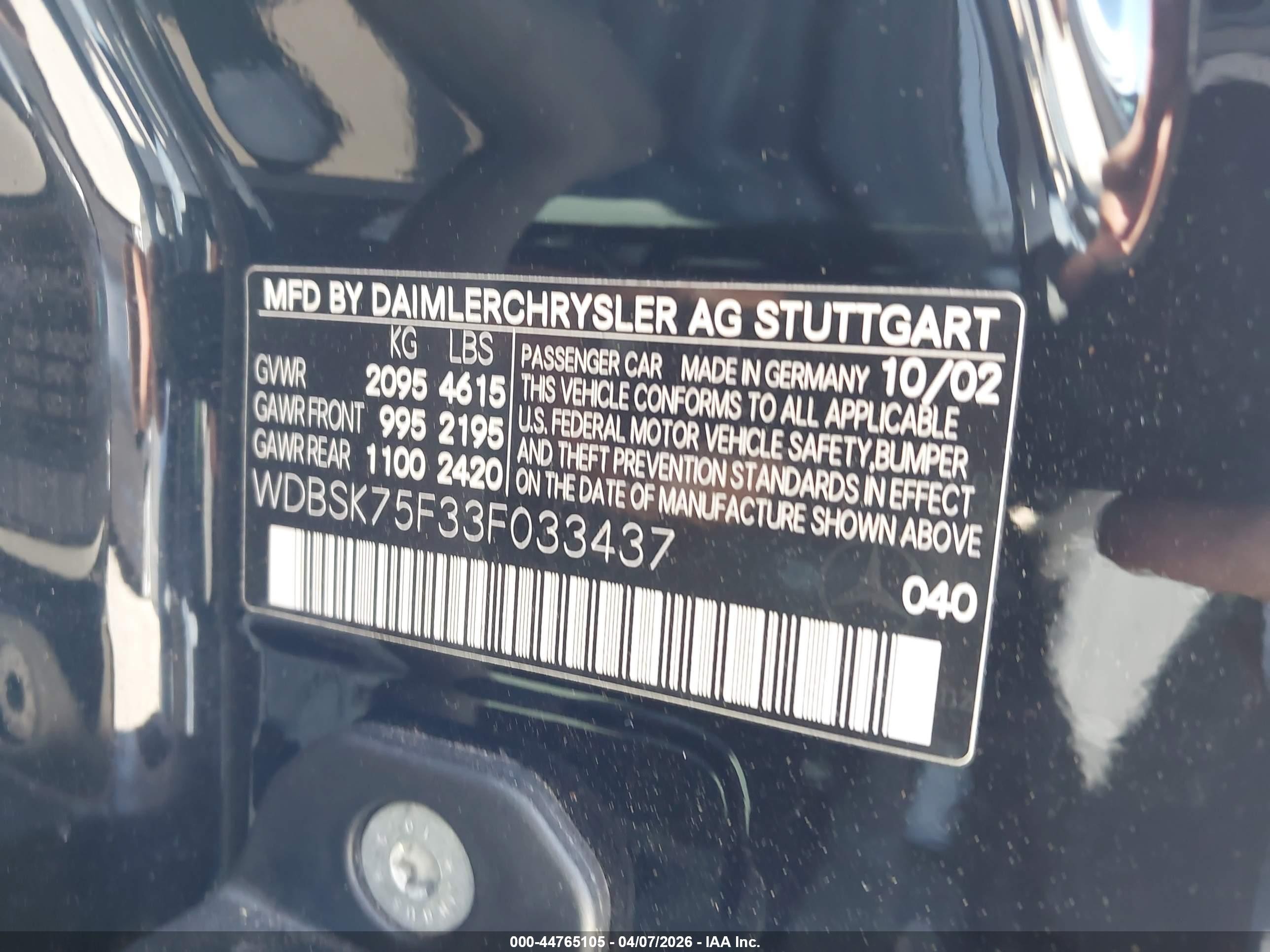 2003 Mercedes-benz Sl 500   Black vin: WDBSK75F33F033437