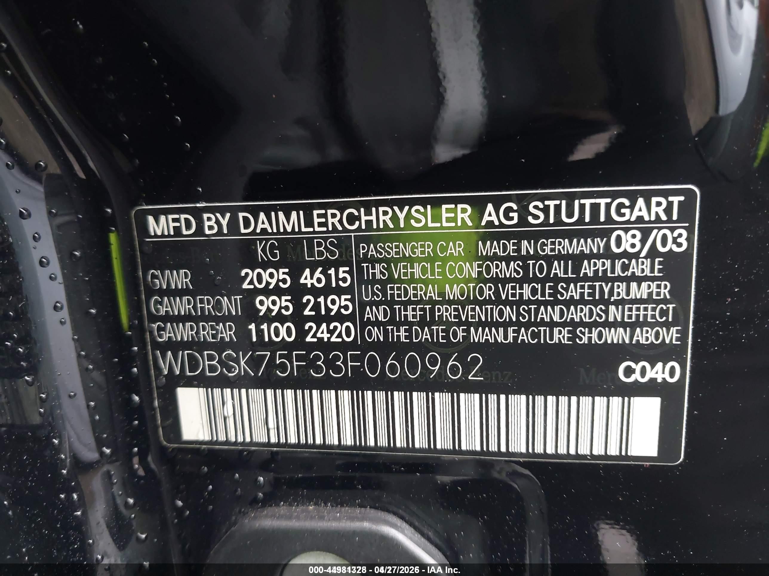 2003 Mercedes-benz Sl 500   Black vin: WDBSK75F33F060962