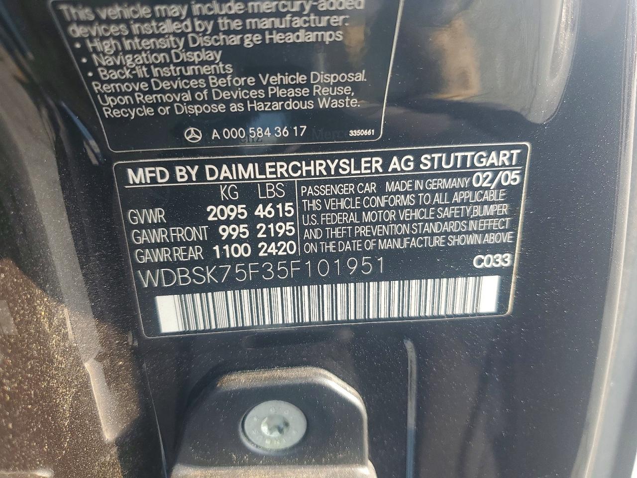 2005 Mercedes-benz Sl 500 Black vin: WDBSK75F35F101951