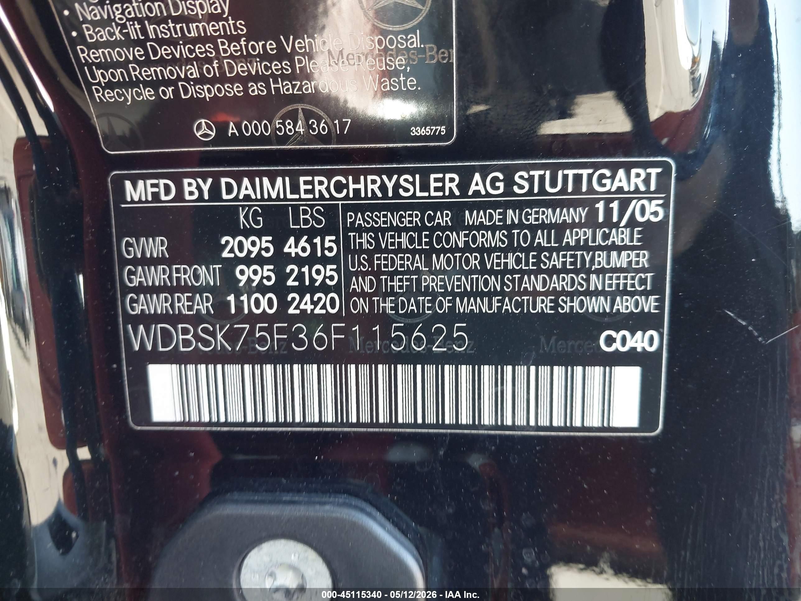 2006 Mercedes-benz Sl 500   Black vin: WDBSK75F36F115625